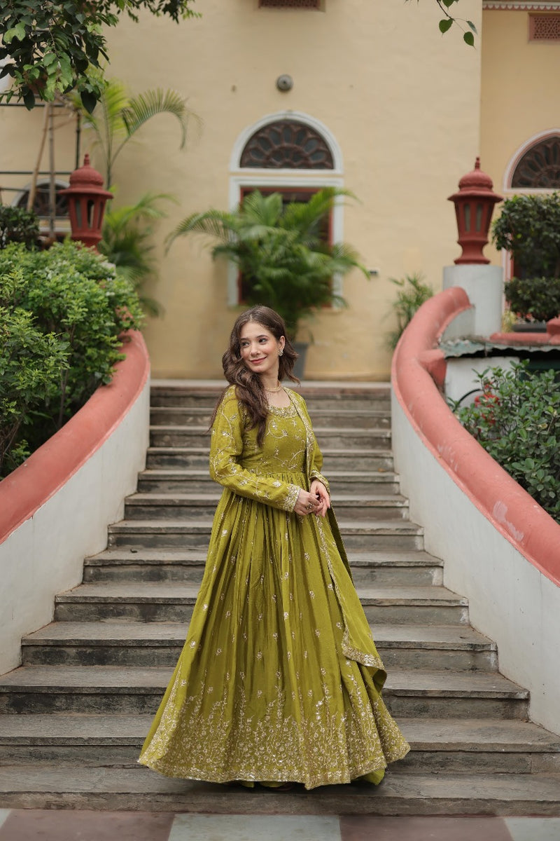 Womenline Parrot Green Color Party Wear Gown