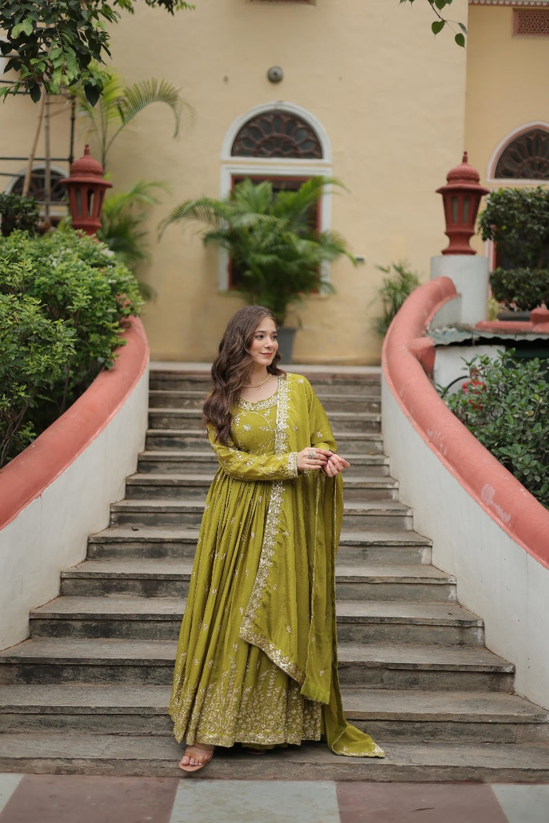 Womenline Parrot Green Color Party Wear Gown