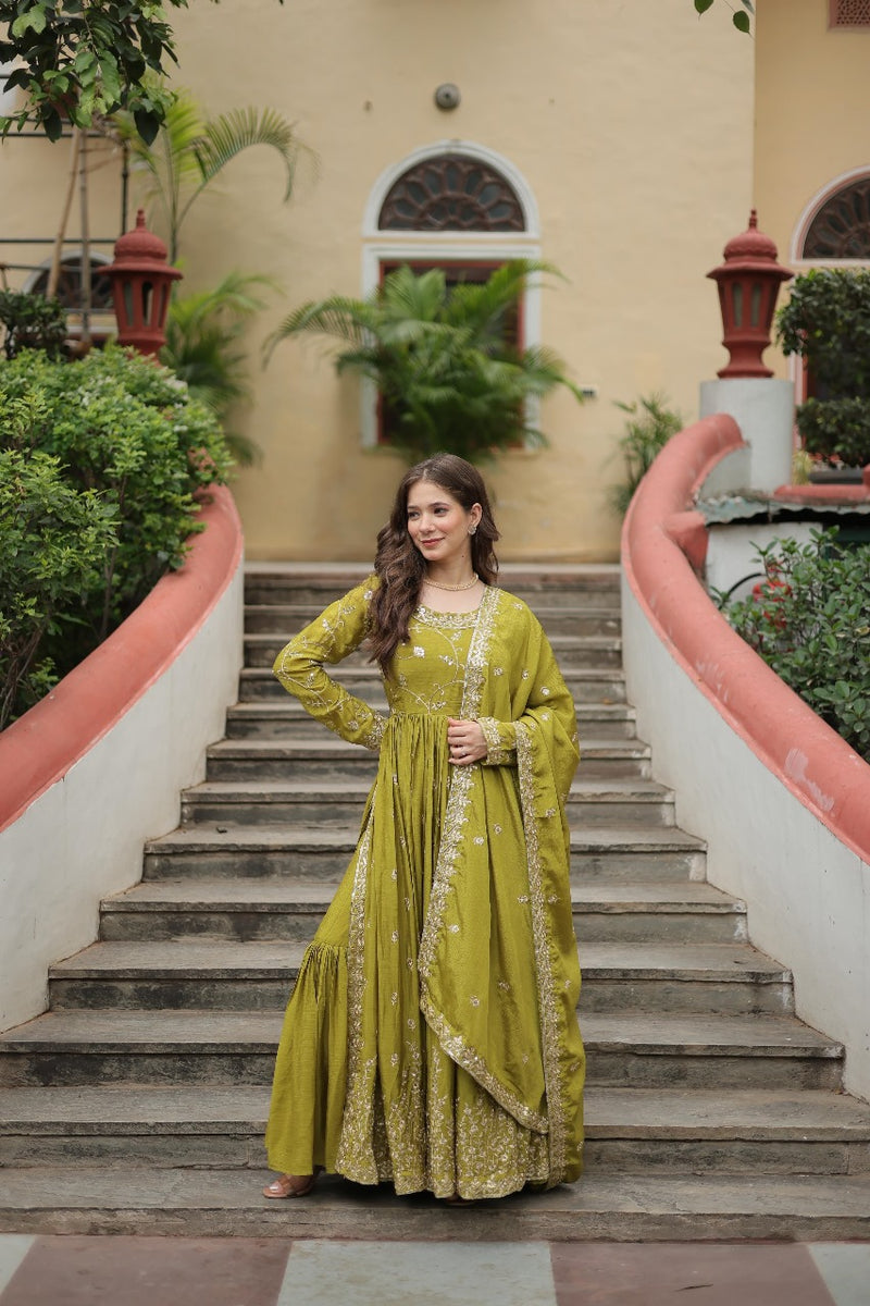 Womenline Parrot Green Color Party Wear Gown