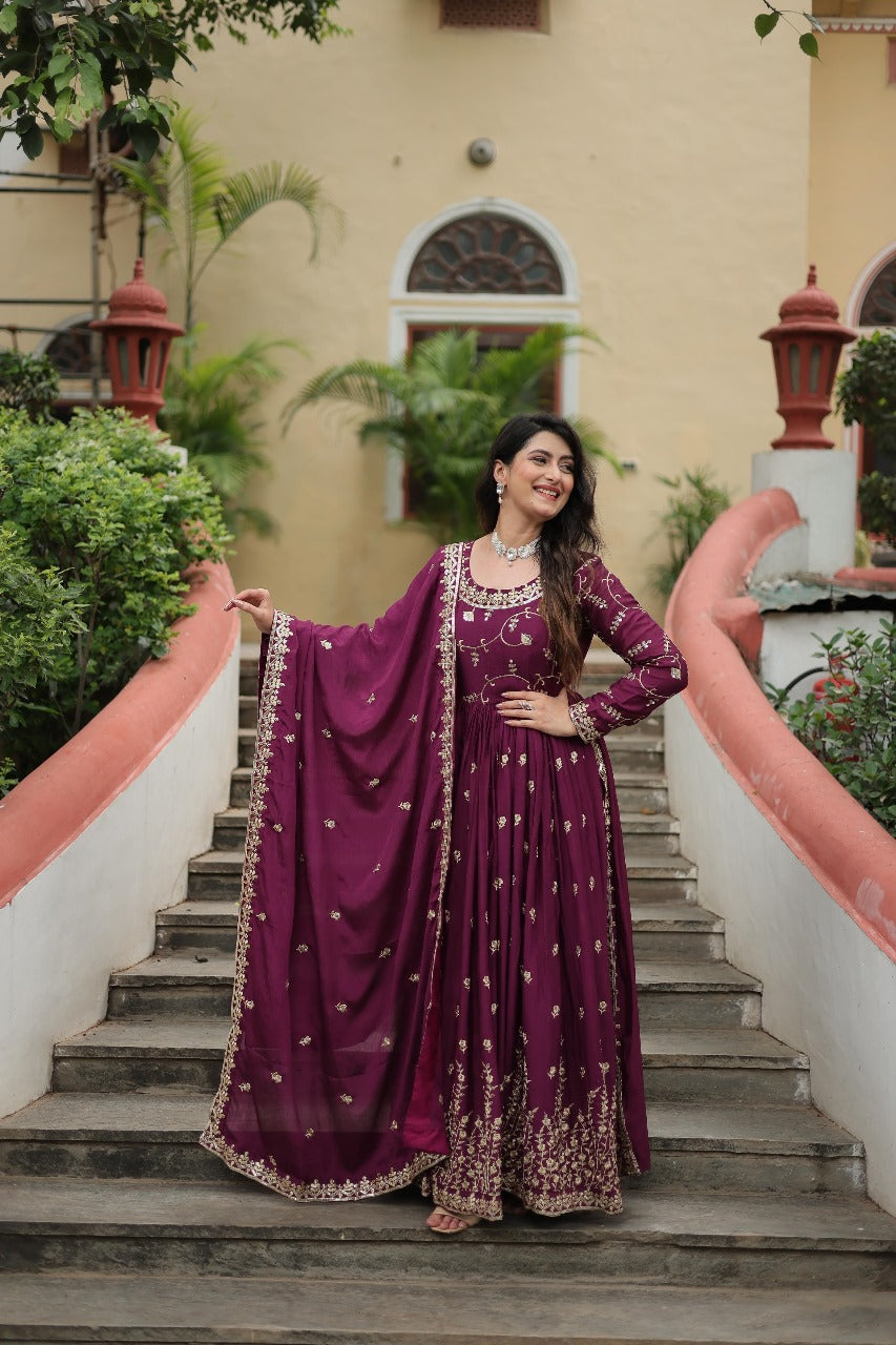 Womenline Wine Color Party Wear Gown