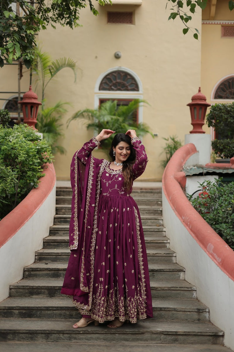 Womenline Wine Color Party Wear Gown