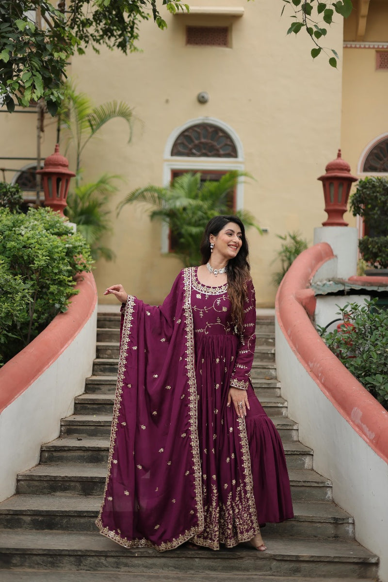 Womenline Wine Color Party Wear Gown