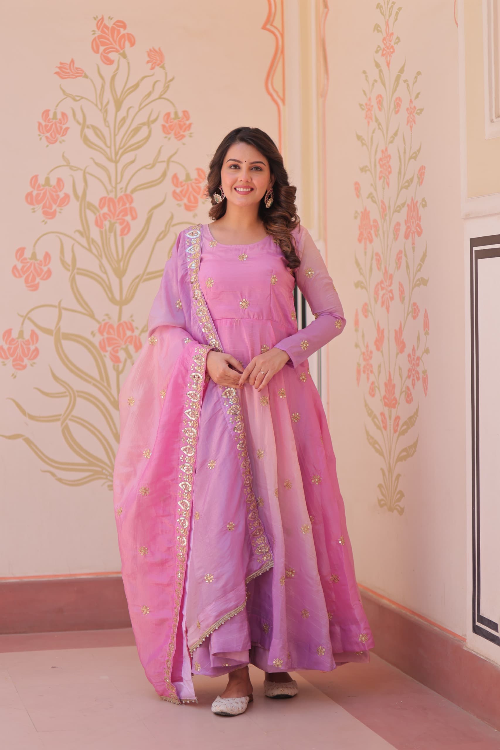 Womenline pink Color Embroidery work Gown