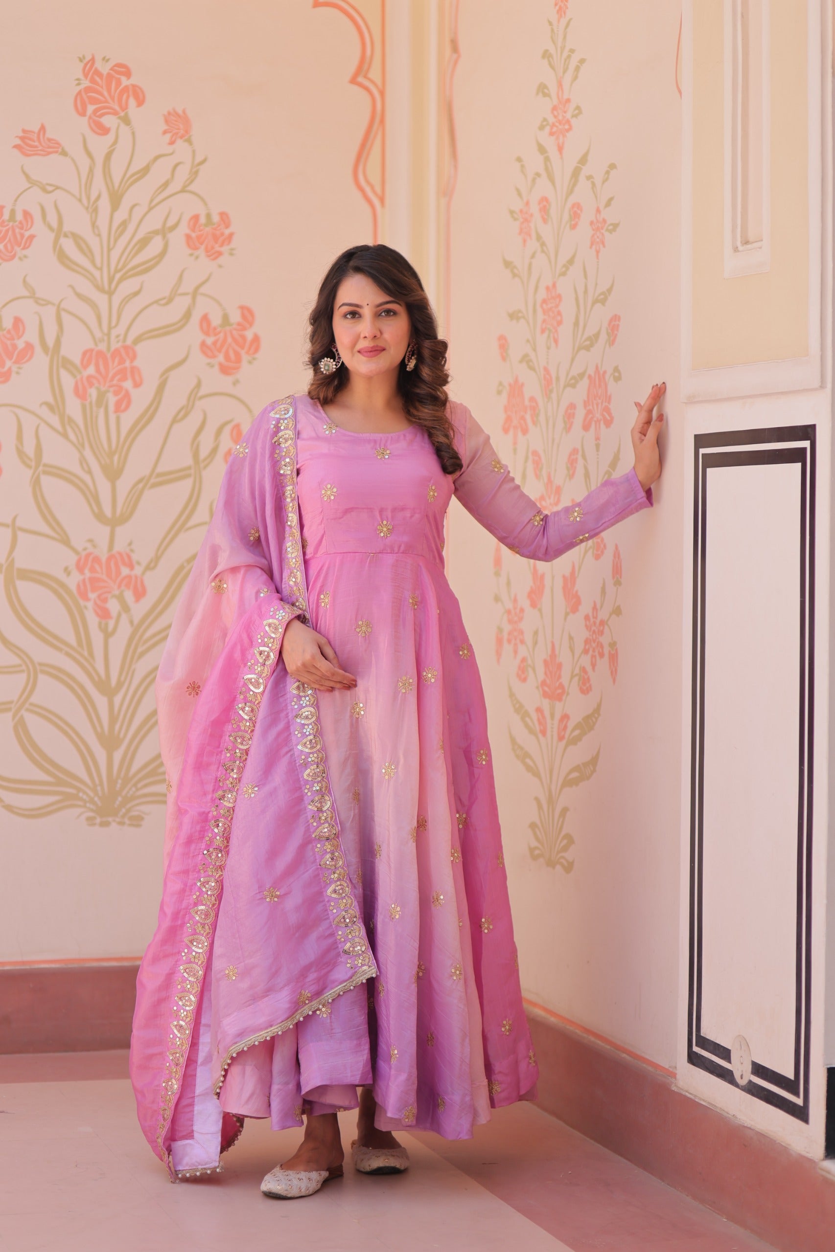 Womenline pink Color Embroidery work Gown