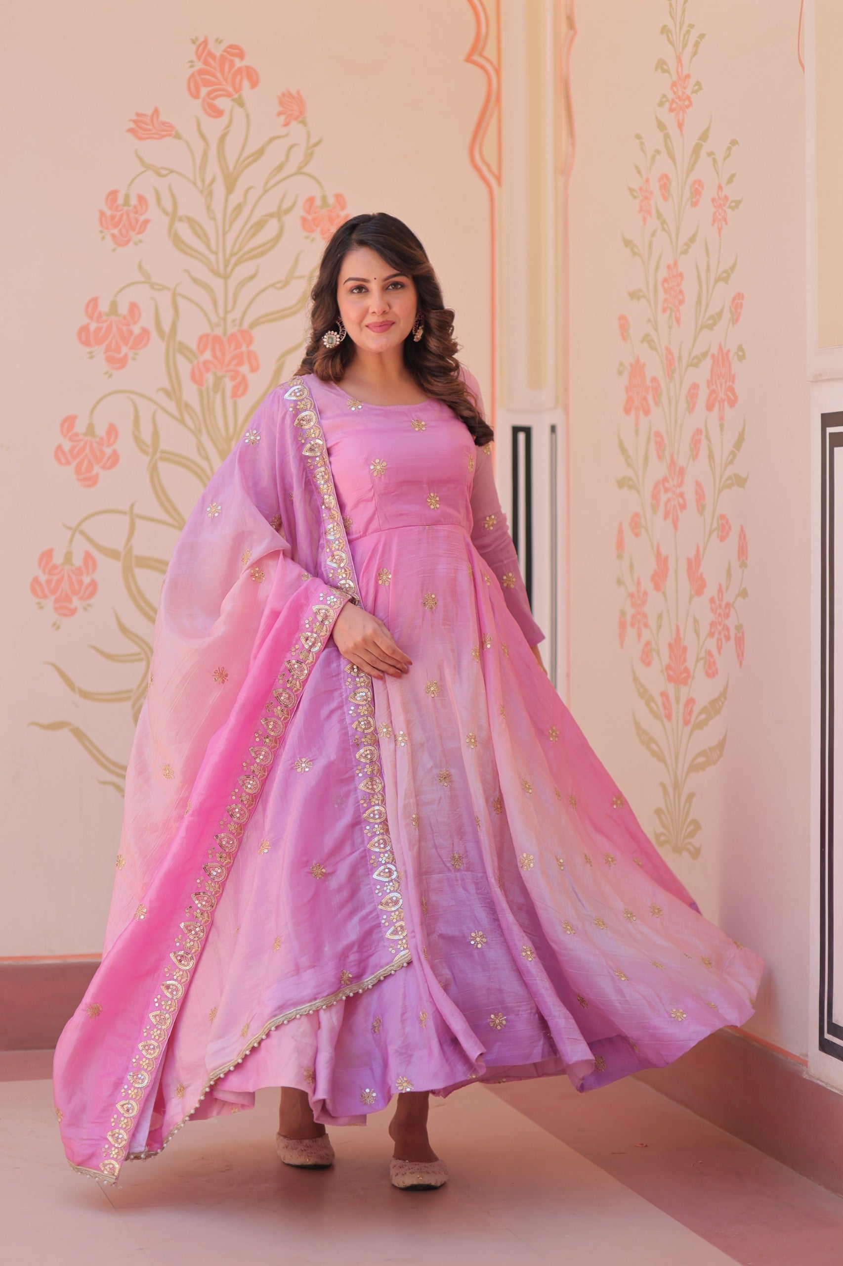 Womenline pink Color Embroidery work Gown