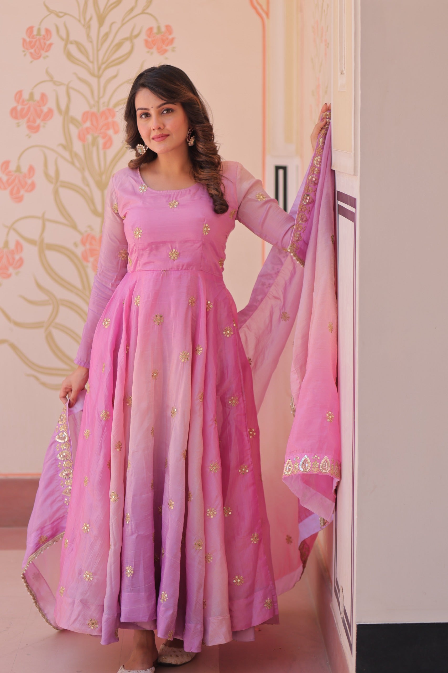 Womenline pink Color Embroidery work Gown