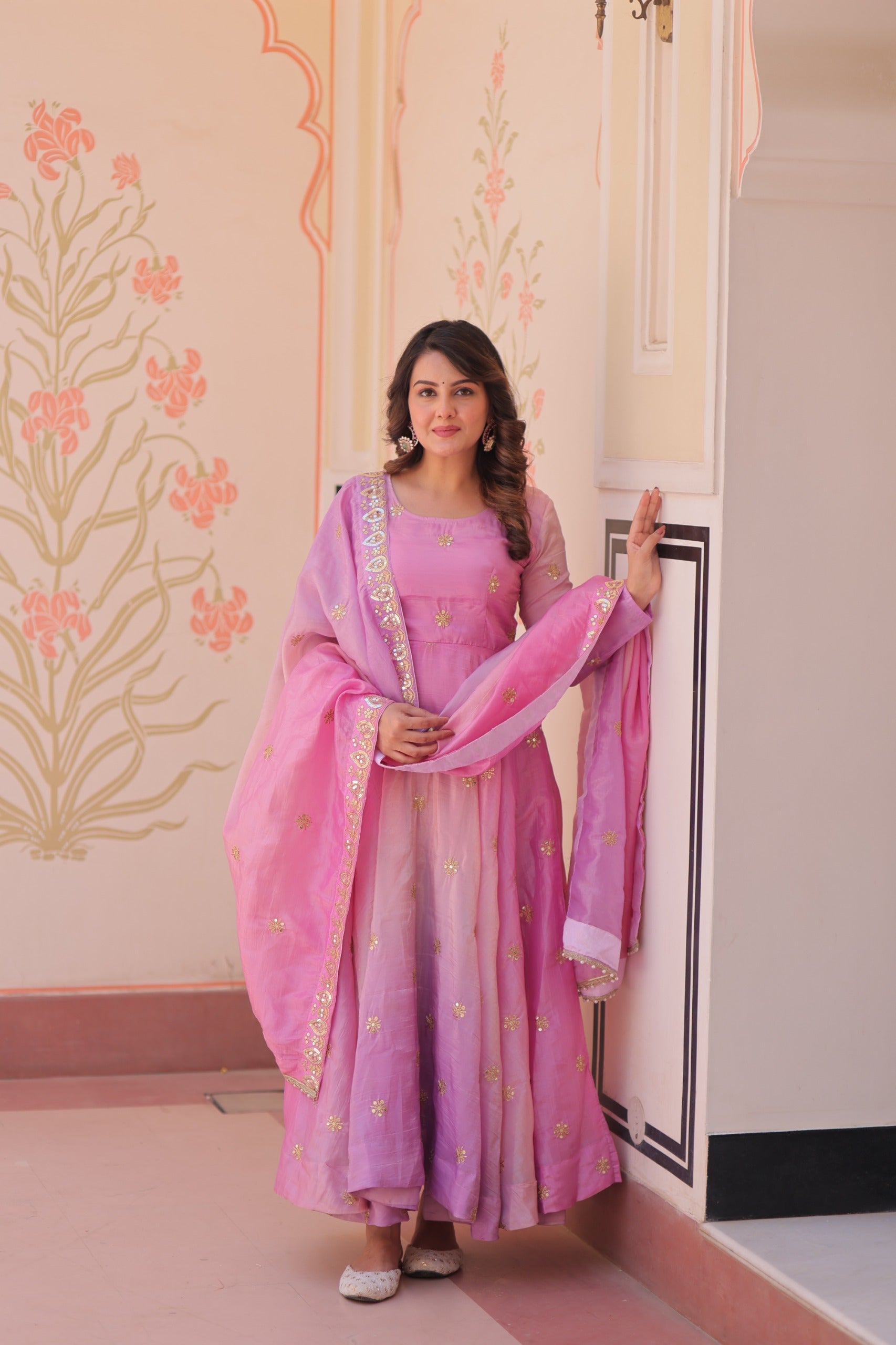 Womenline pink Color Embroidery work Gown