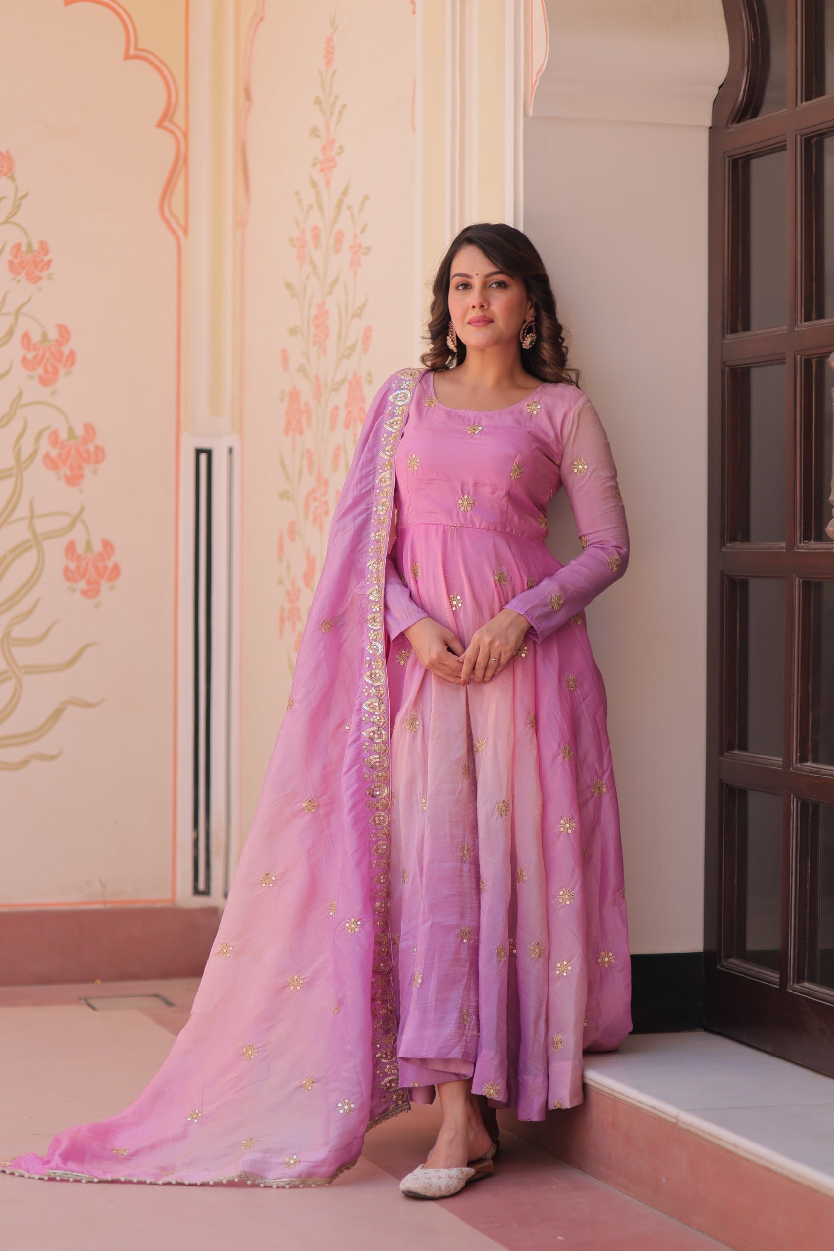Womenline pink Color Embroidery work Gown