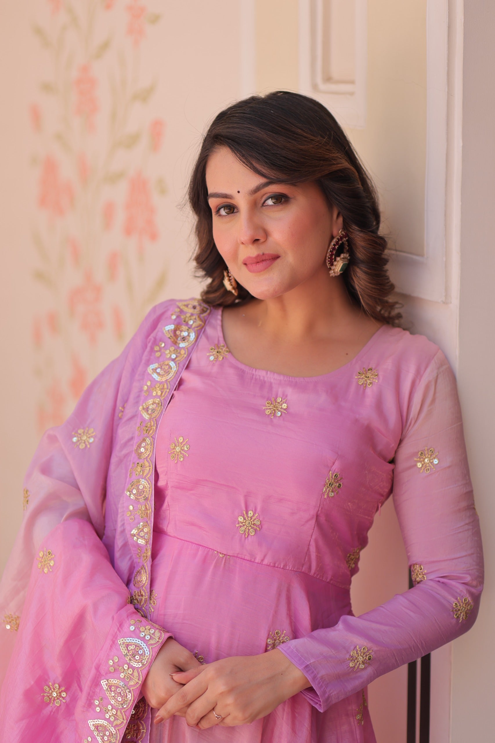 Womenline pink Color Embroidery work Gown