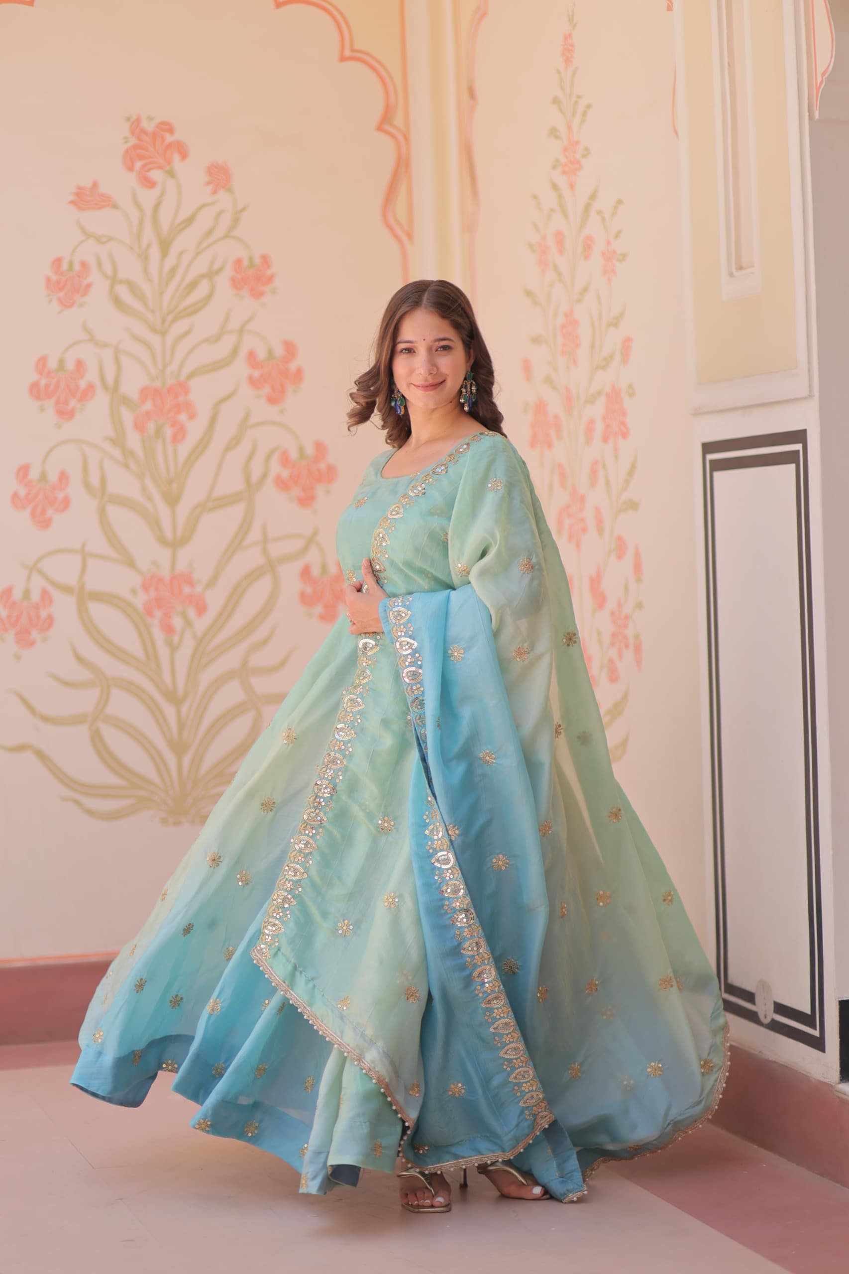 Womenline Sky Blue embroidery Gown