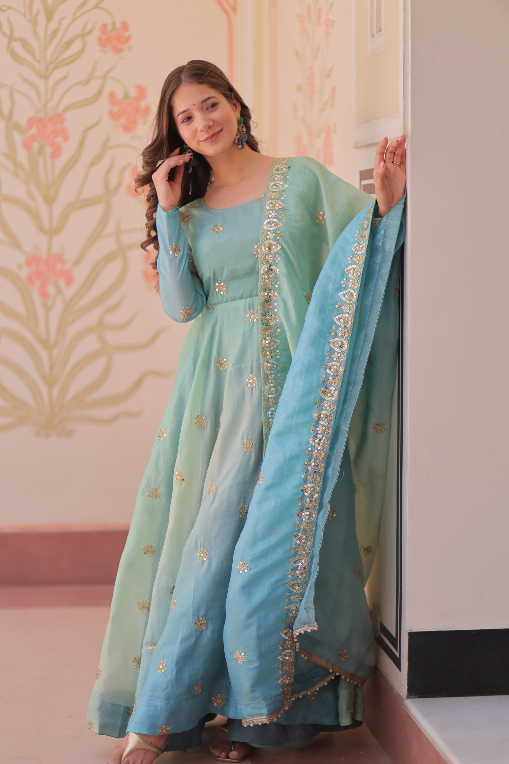 Womenline Sky Blue embroidery Gown