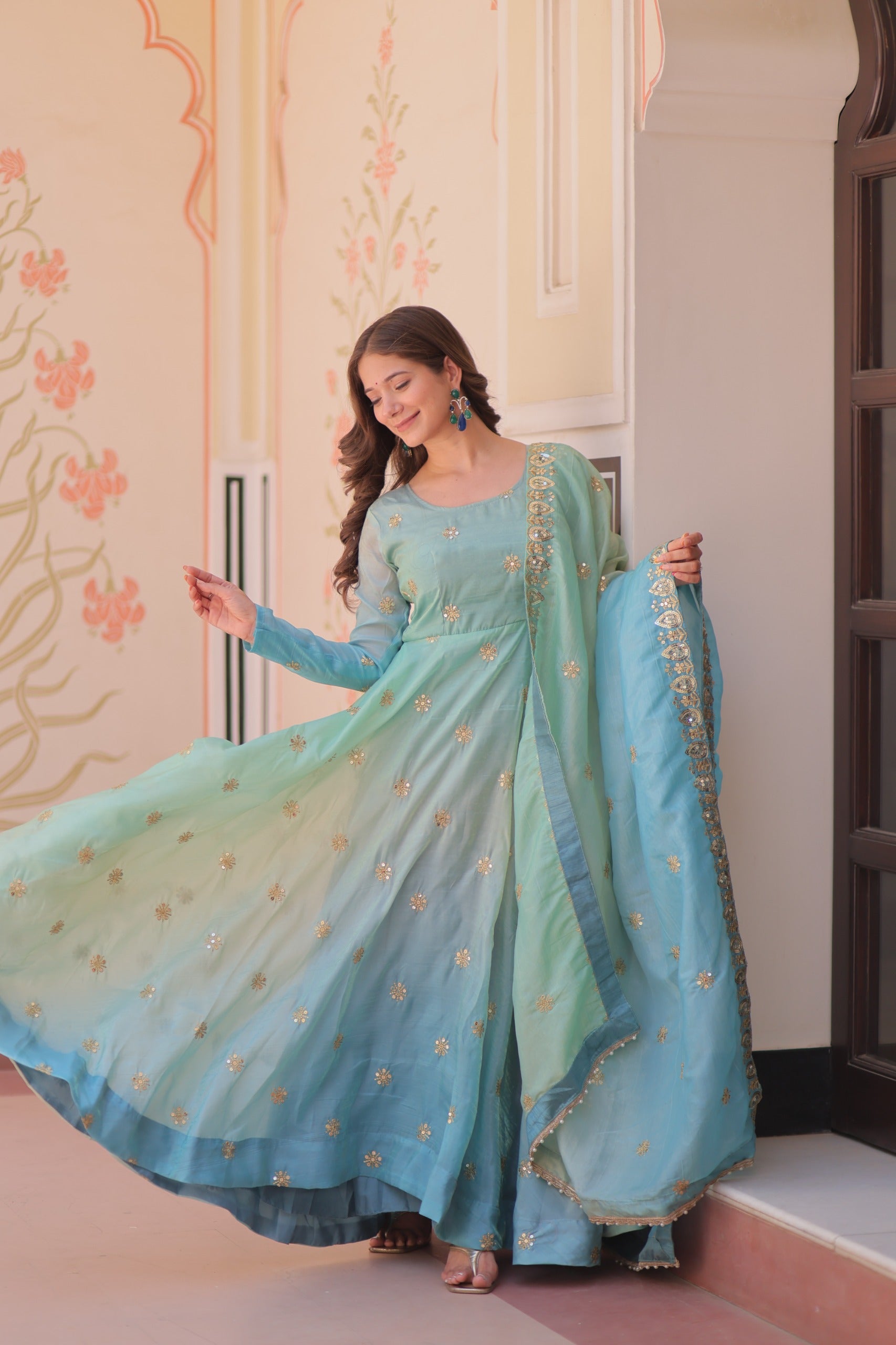 Womenline Sky Blue embroidery Gown