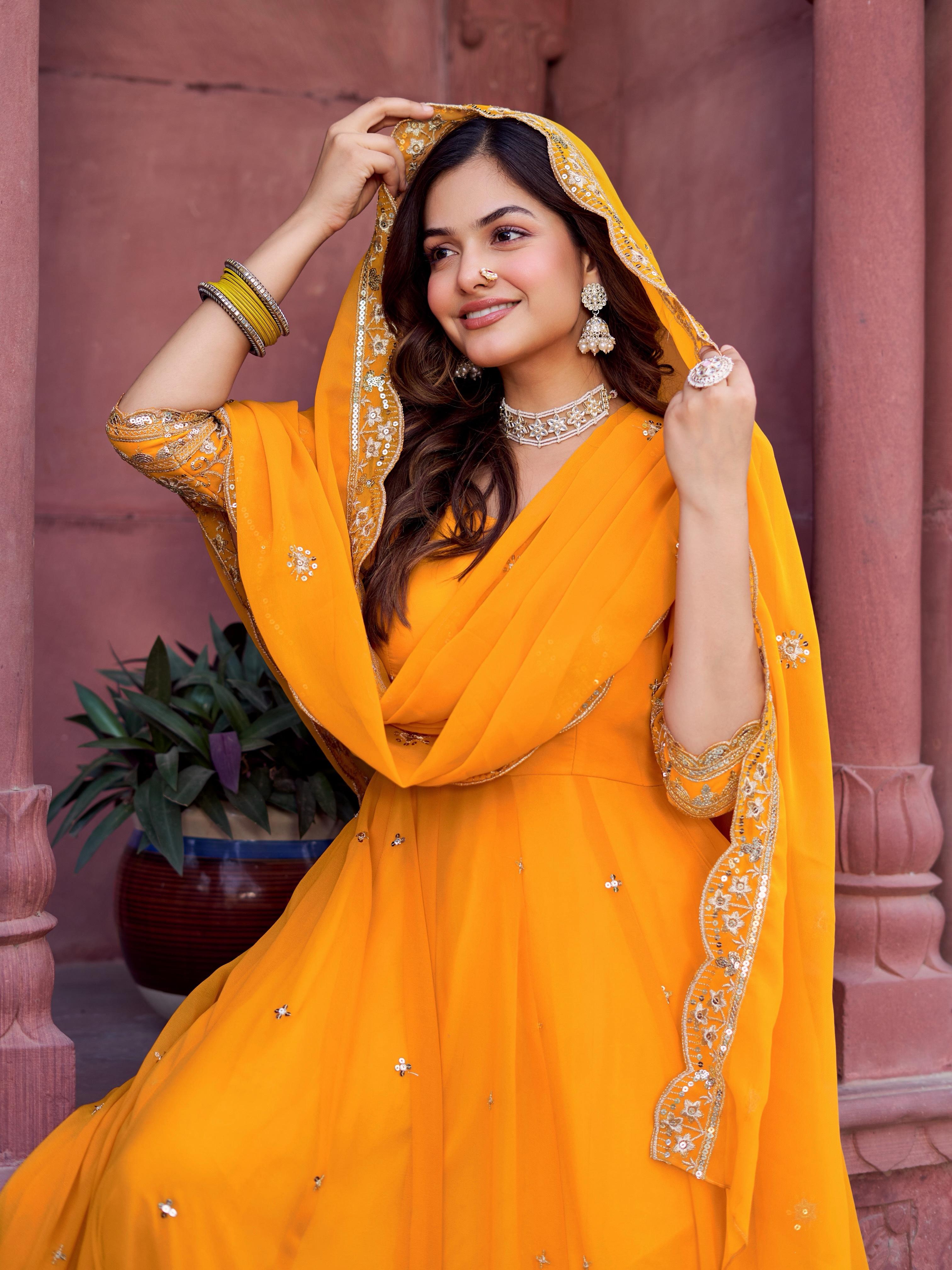 Womenline Mustered Yellow Color Designer Gown