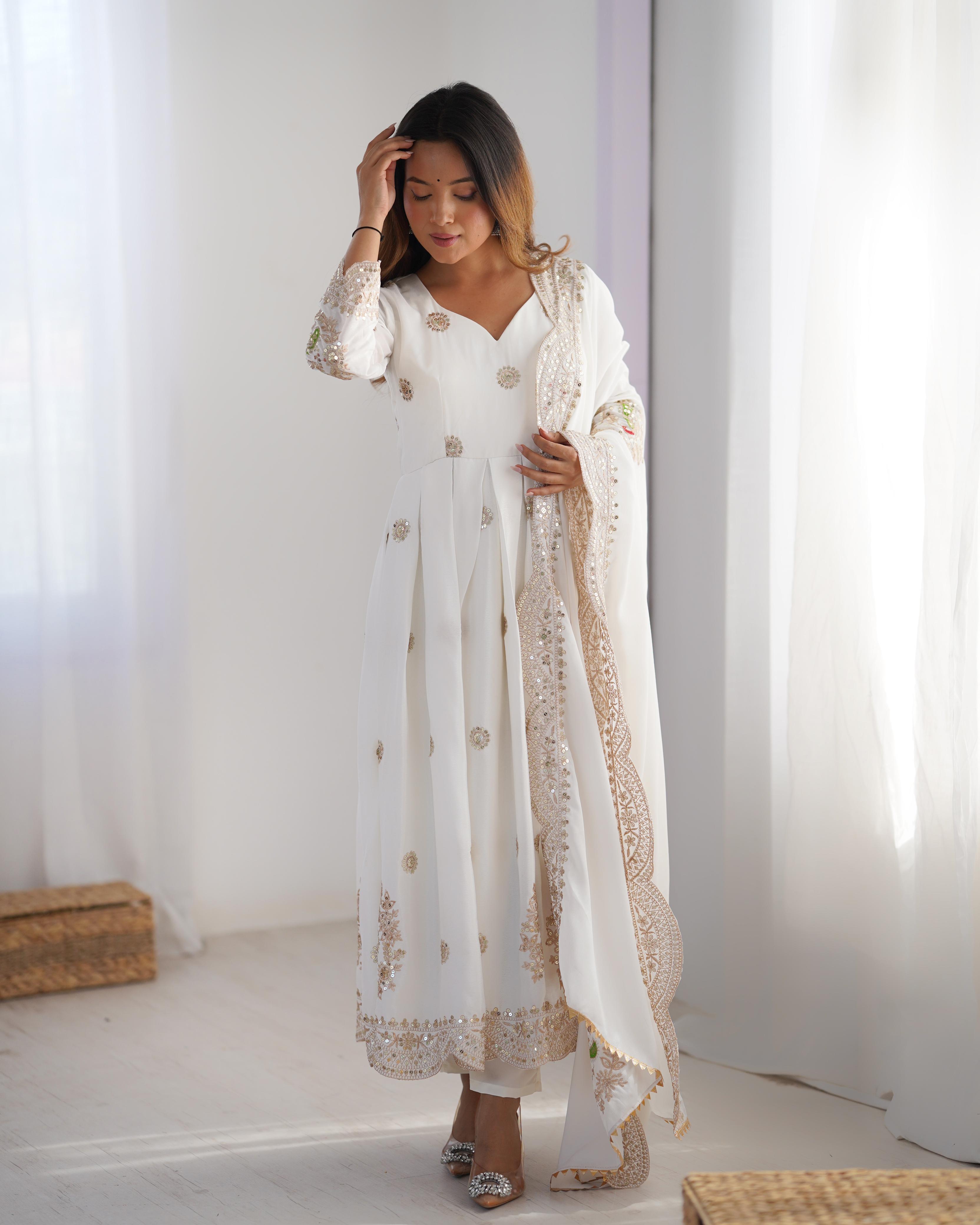 Womenline White Color Embroidery Anarkali Suit