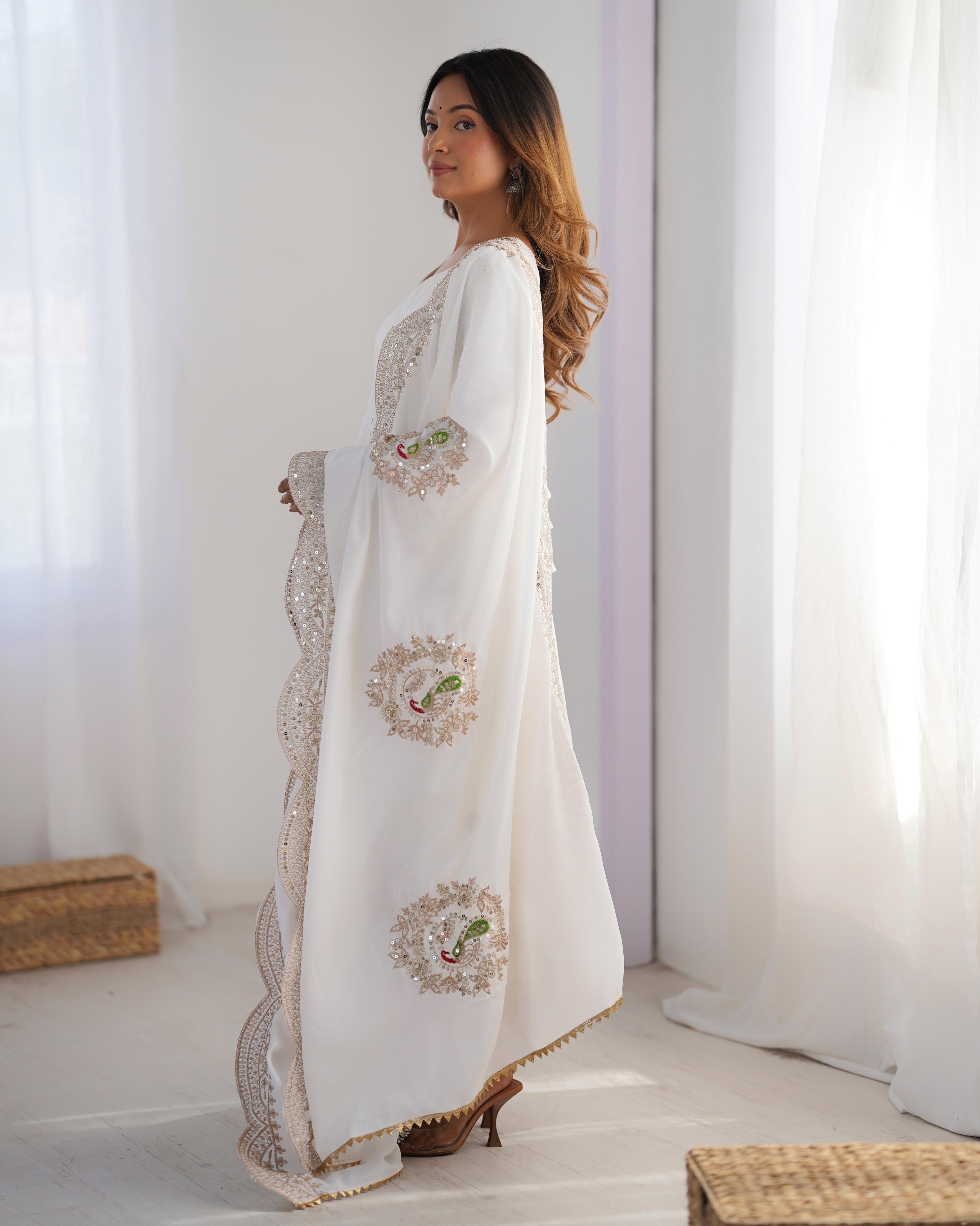 Womenline White Color Embroidery Anarkali Suit
