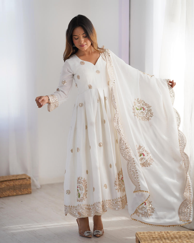Womenline White Color Embroidery Anarkali Suit