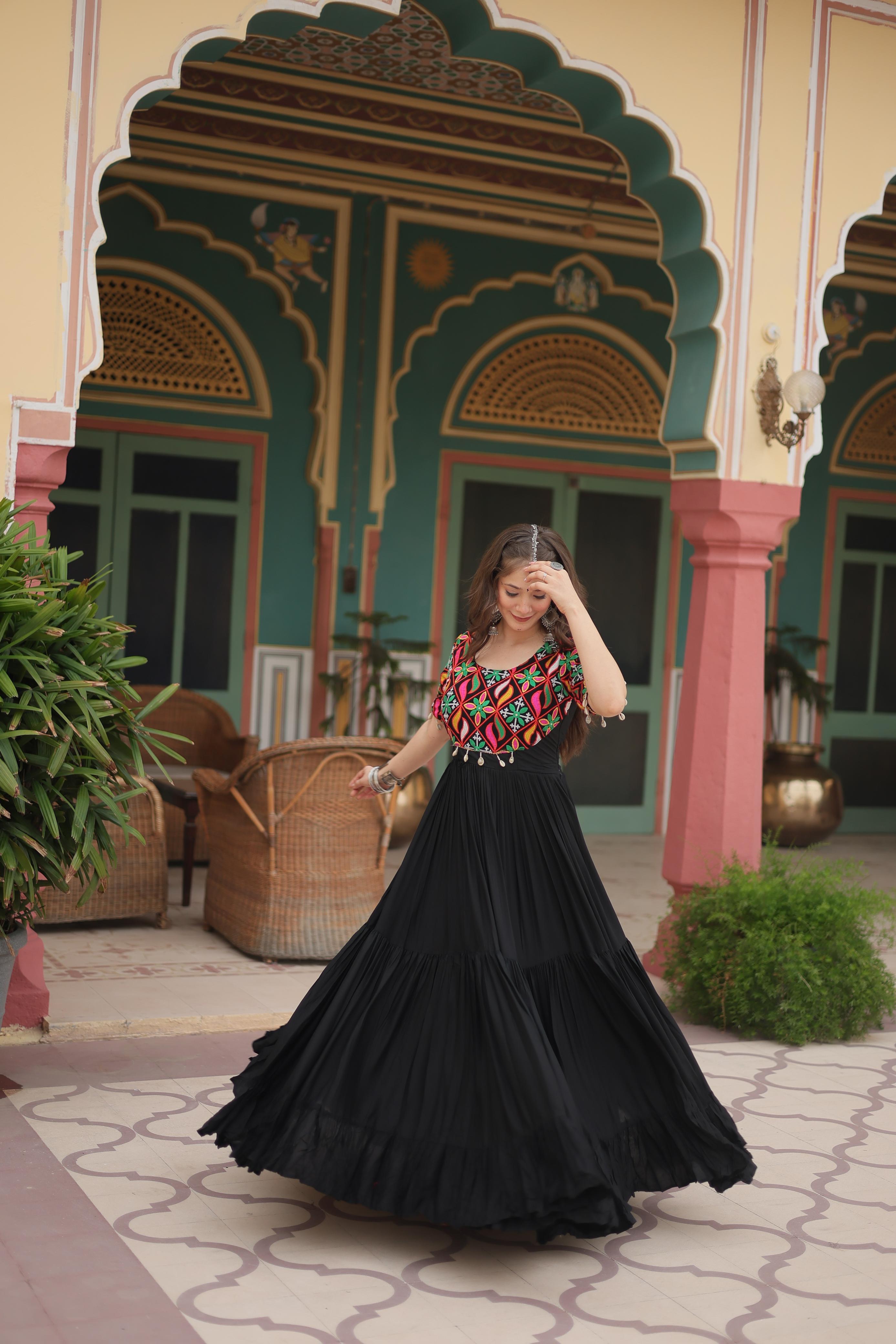 Womenline Black Color Navratri Gown