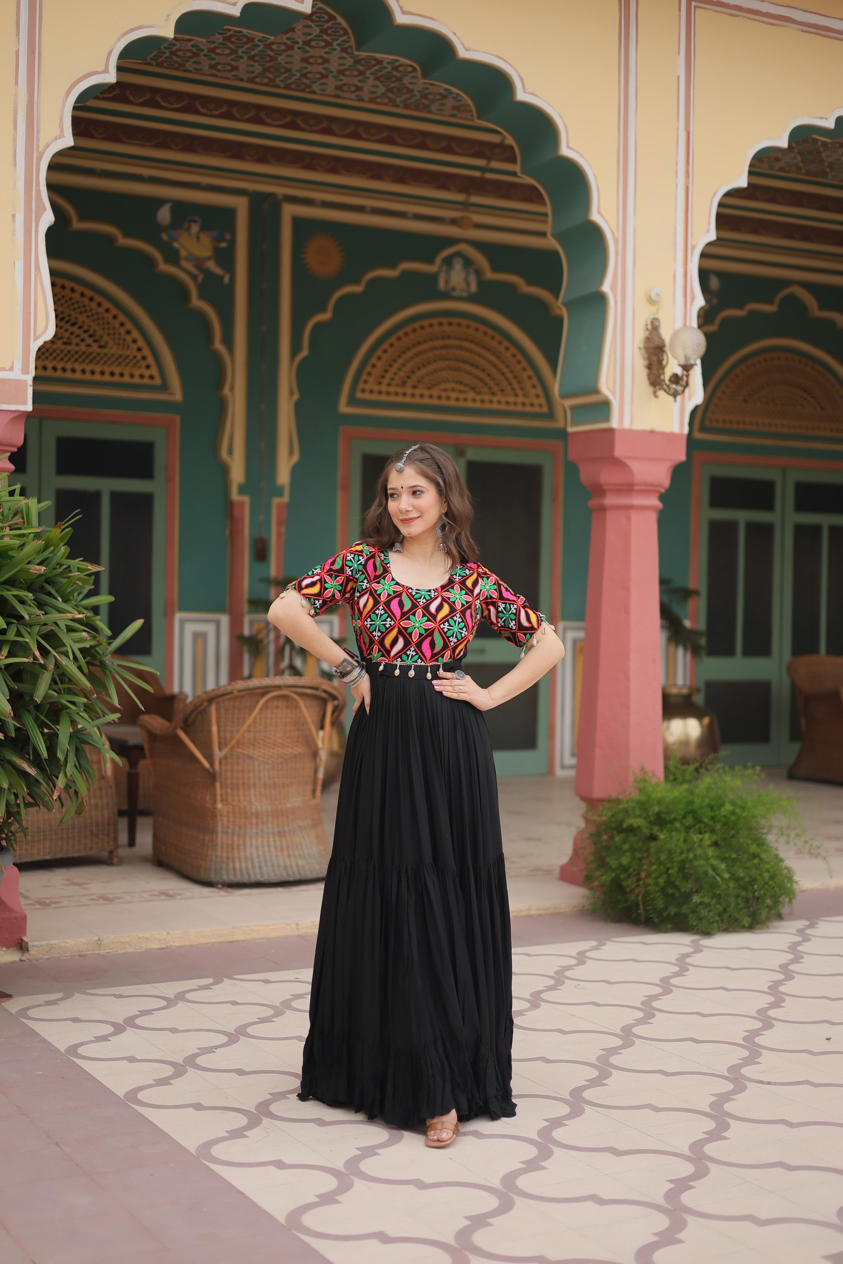 Womenline Black Color Navratri Gown
