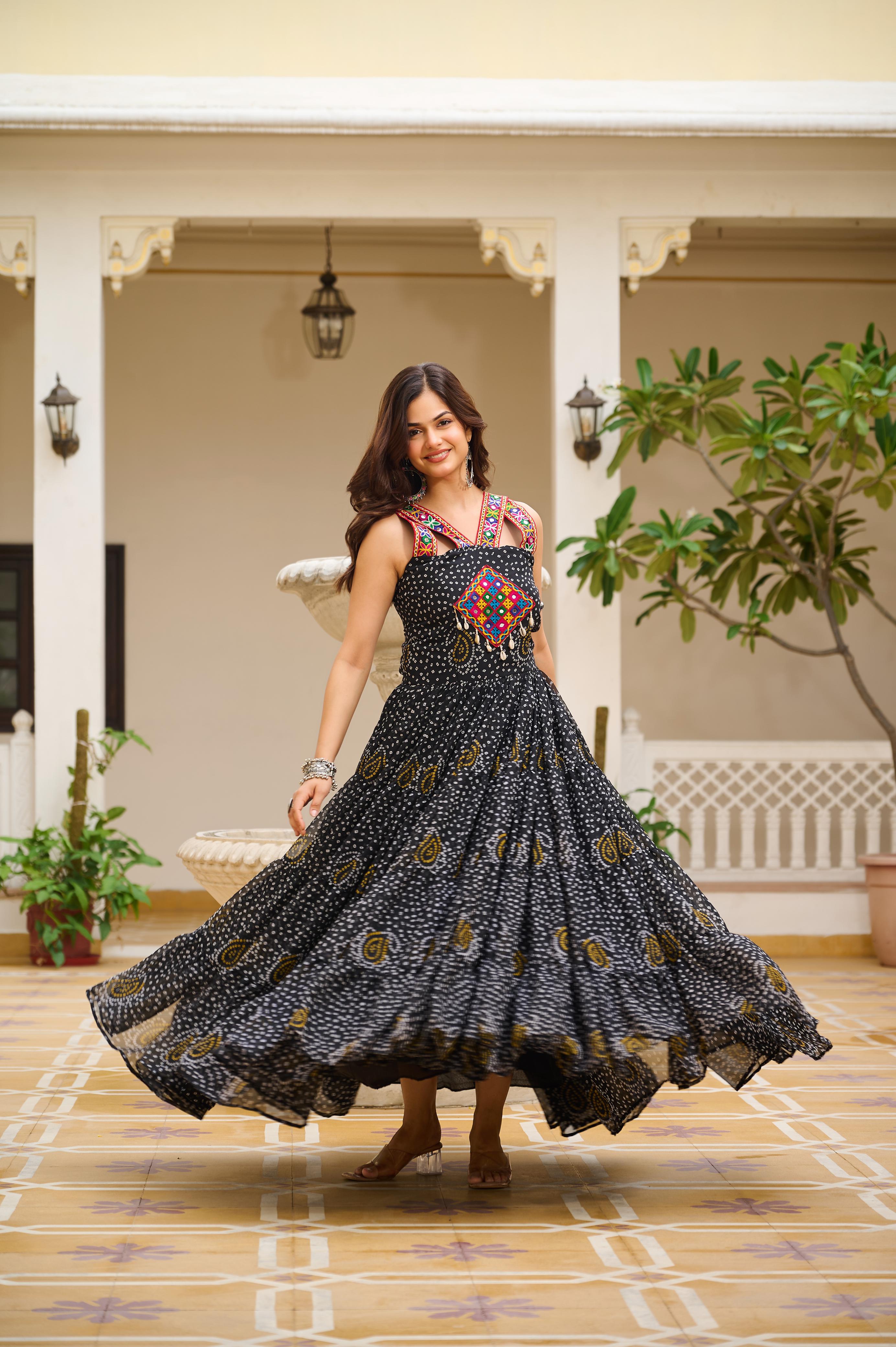 Womenline Black Color Navratri Gown