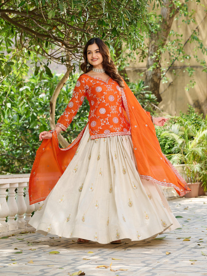 Womenline Orange Color Kurti Lehenga Set