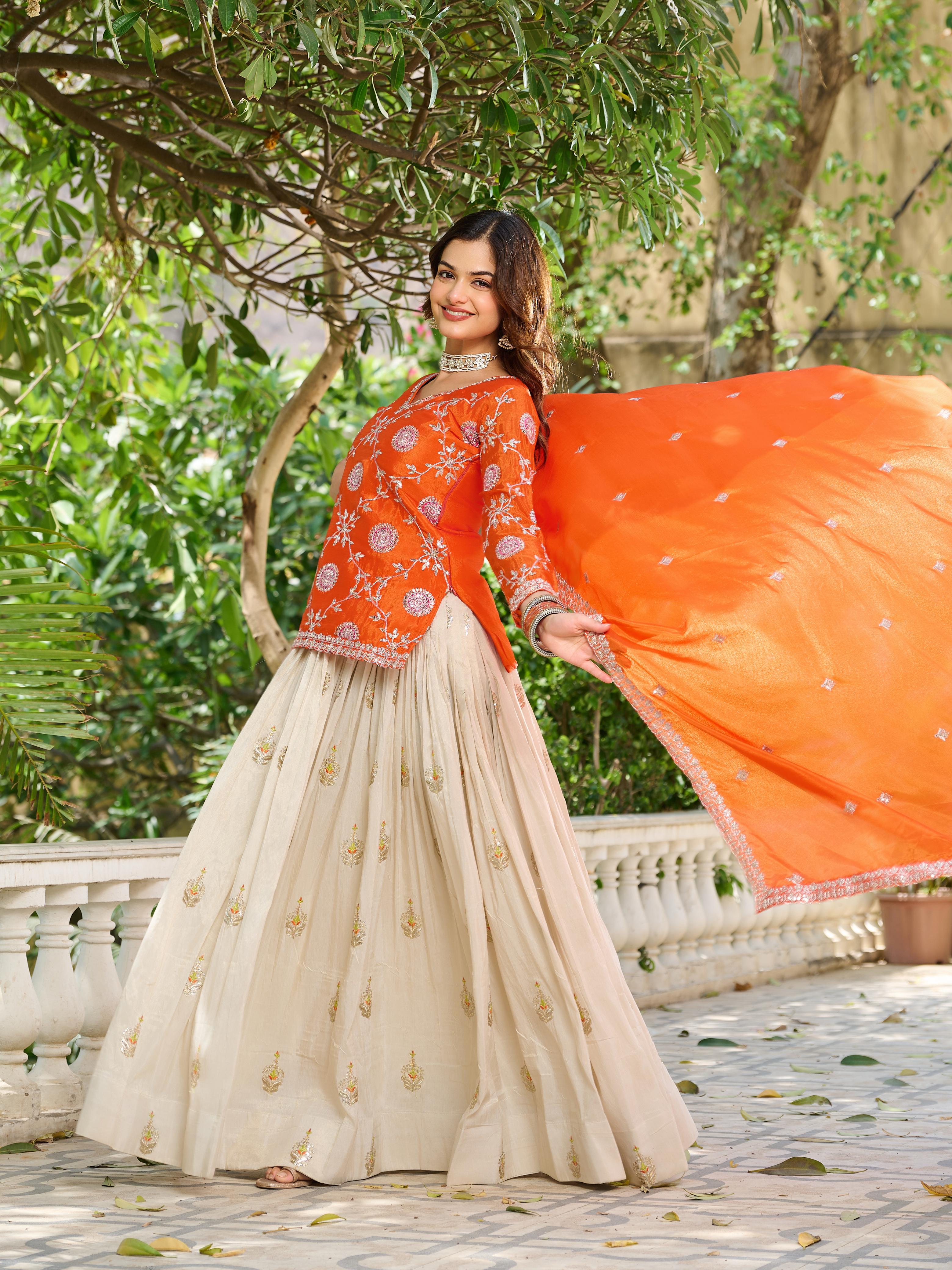 Womenline Orange Color Kurti Lehenga Set