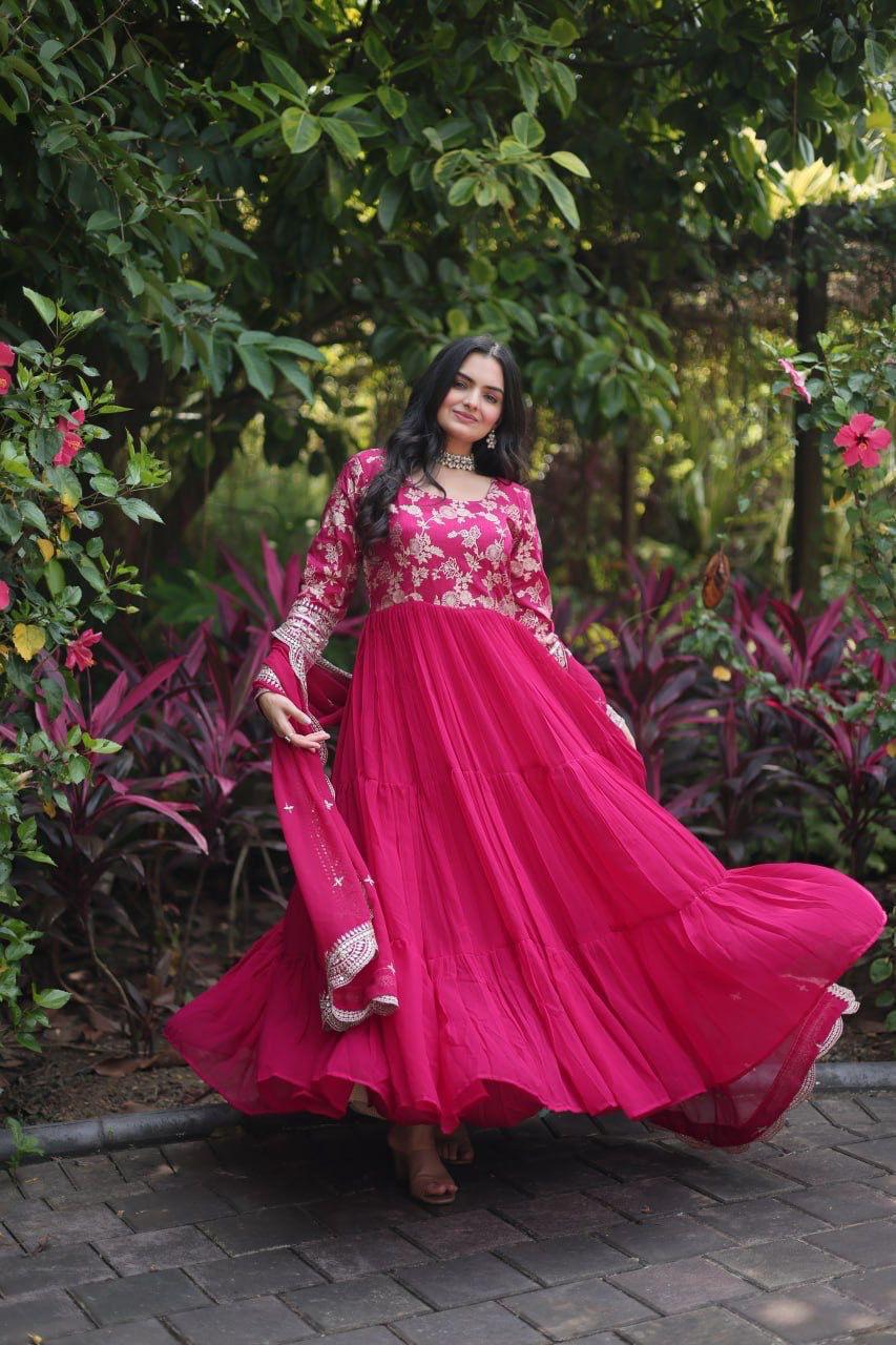 Womenline Pink Color Jacquard Design Gown