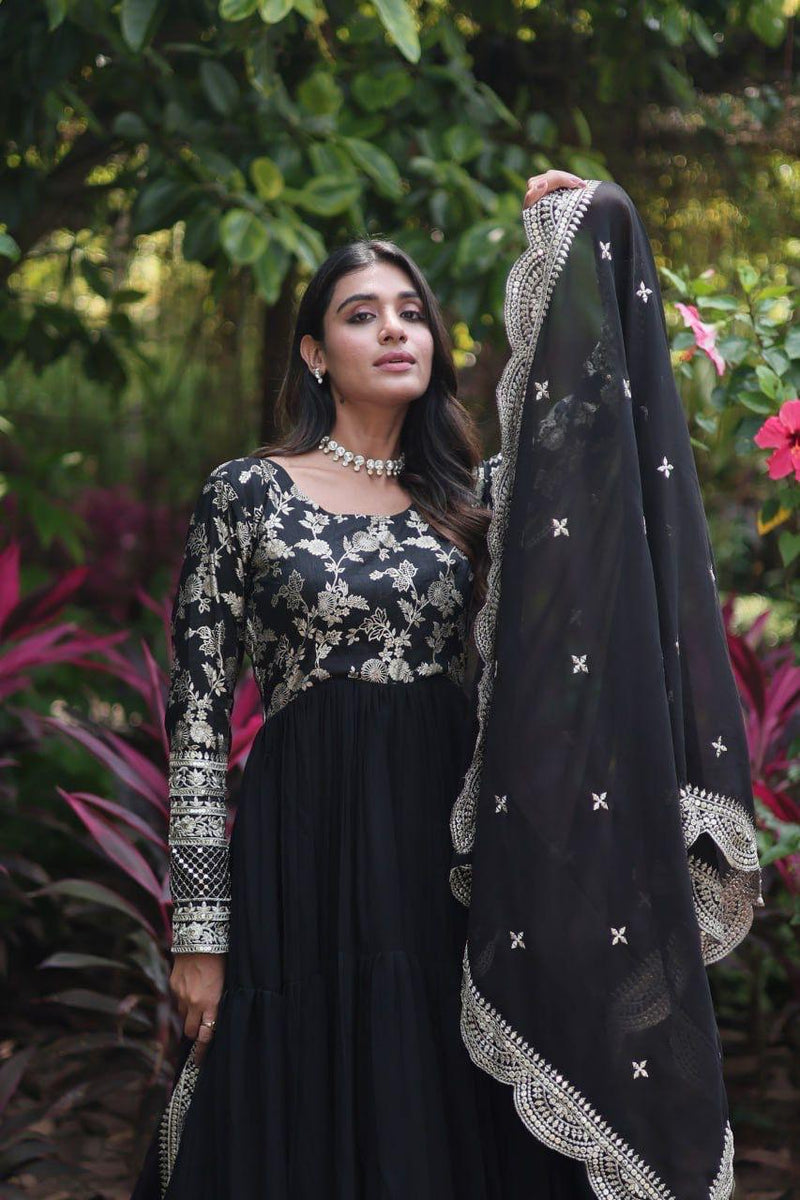 Womenline Black Color Jacquard Design Gown