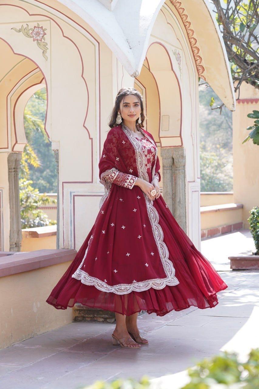 Womenline Maroon Color Jacquard Design Gown
