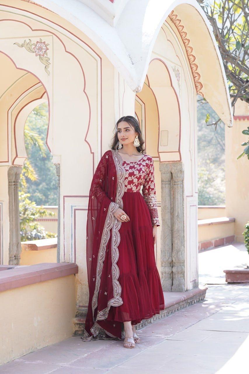 Womenline Maroon Color Jacquard Design Gown