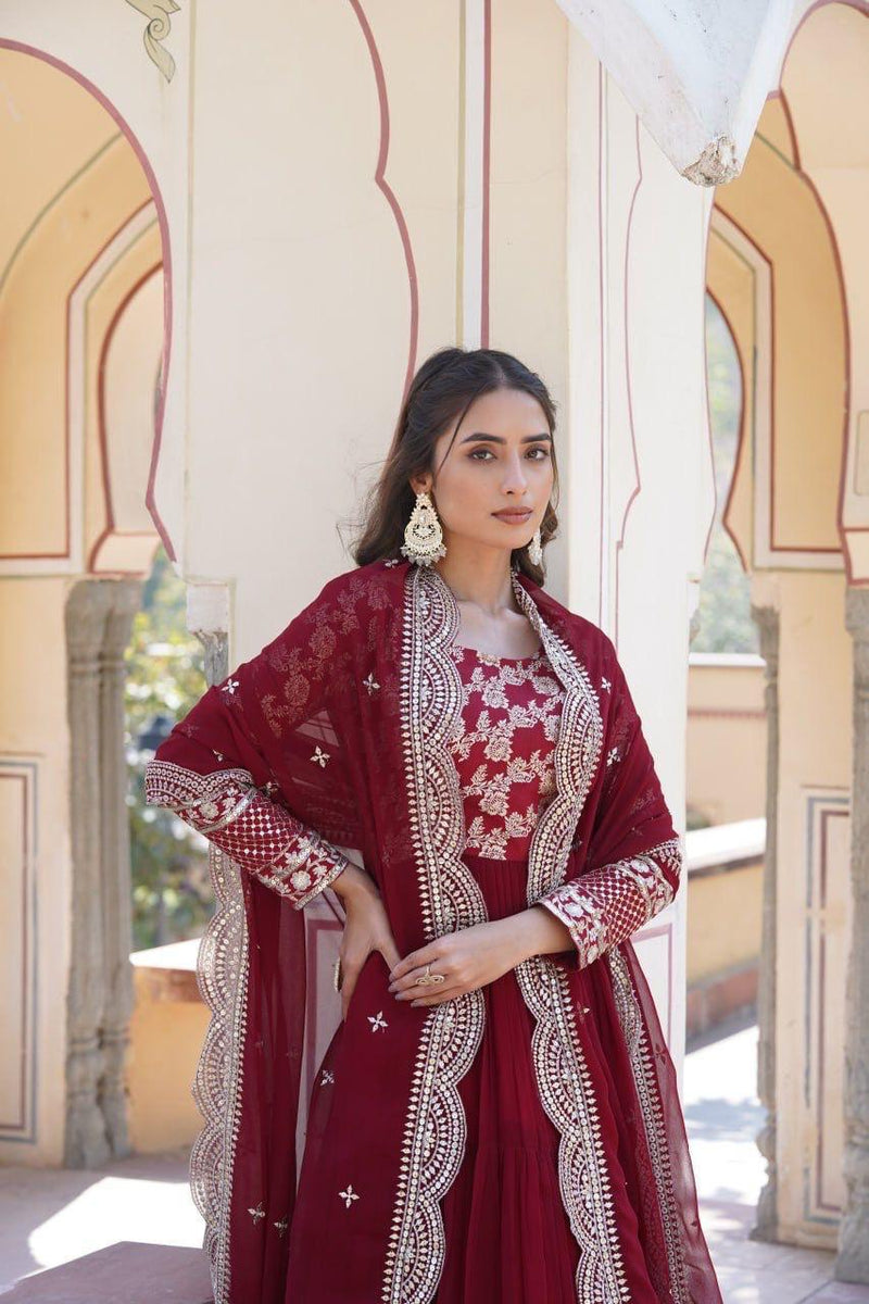 Womenline Maroon Color Jacquard Design Gown