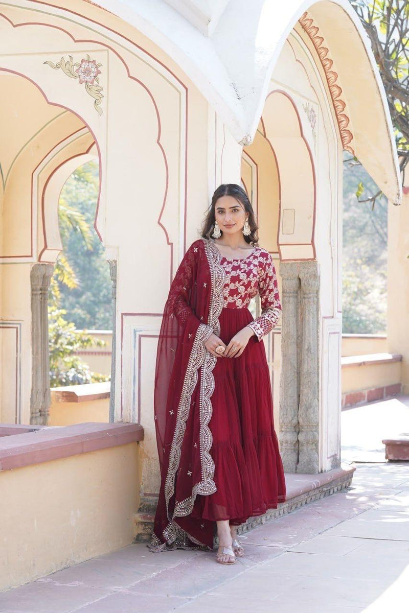 Womenline Maroon Color Jacquard Design Gown