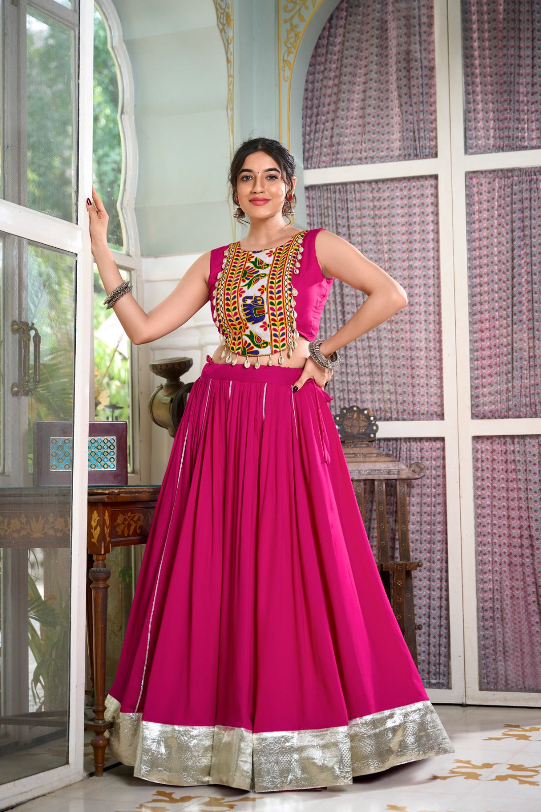 Womenline Pink Color Rayon Lehenga and Gamthi Work Blouse for Navratri
