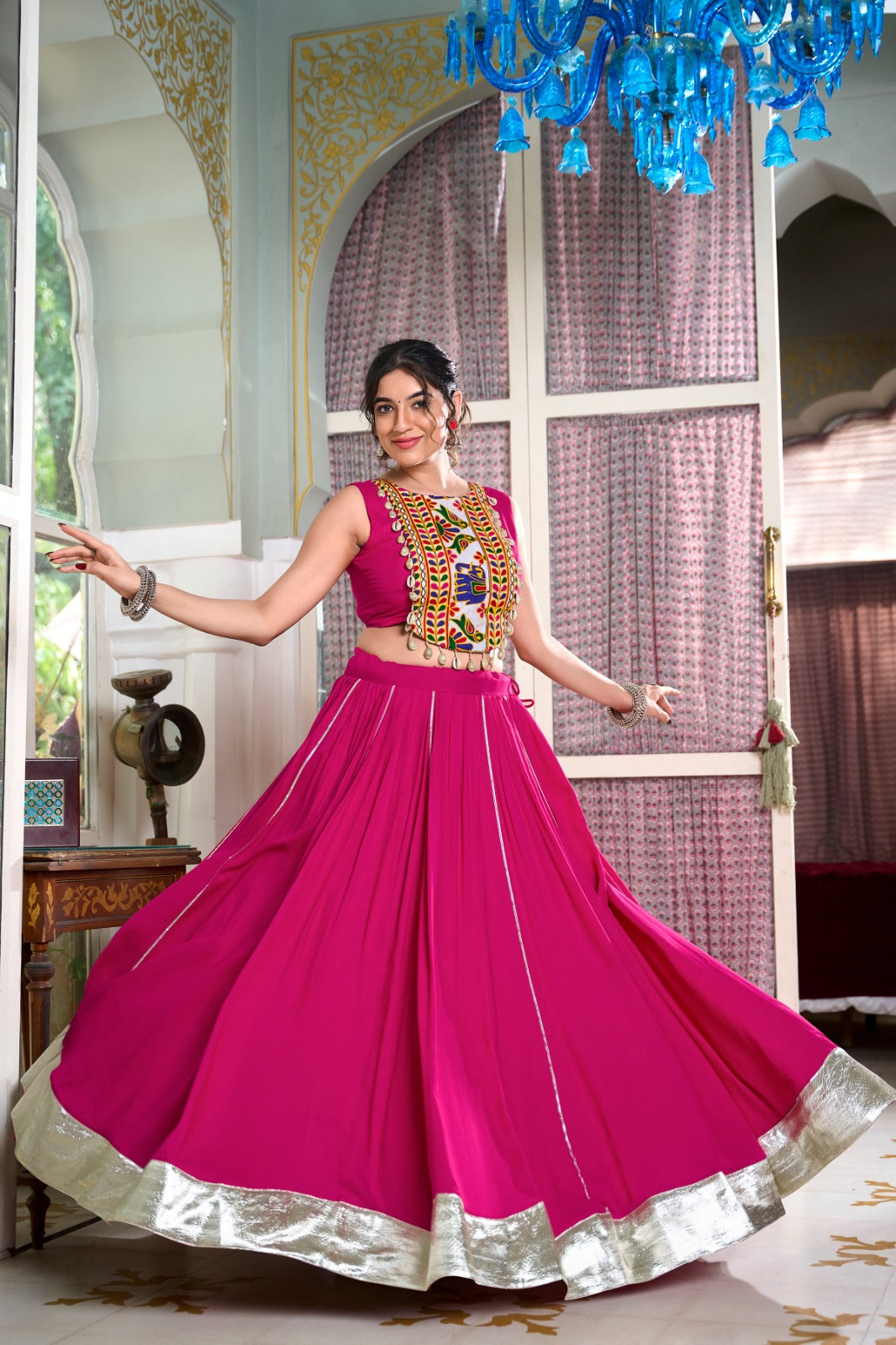 Womenline Pink Color Rayon Lehenga and Gamthi Work Blouse for Navratri