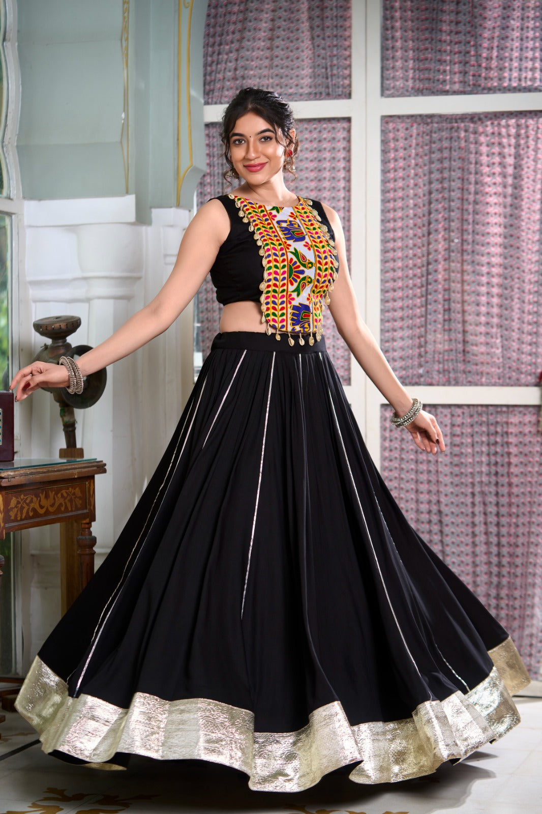 Womenline Black Color Rayon Lehenga and Gamthi Work Blouse for Navratri
