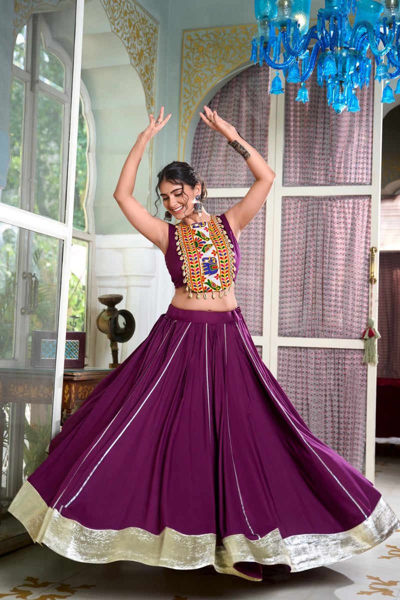 Womenline Wine Color Rayon Lehenga and Gamthi Work Blouse for Navratri