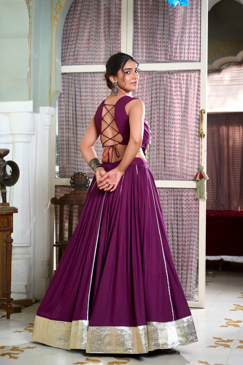 Womenline Wine Color Rayon Lehenga and Gamthi Work Blouse for Navratri