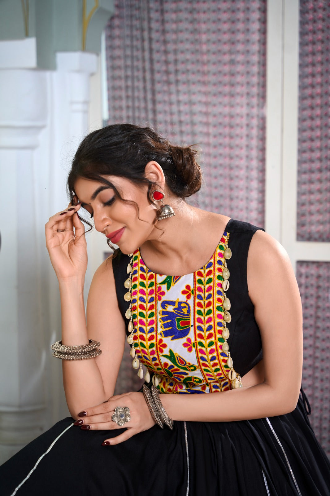 Womenline Black Color Rayon Lehenga and Gamthi Work Blouse for Navratri