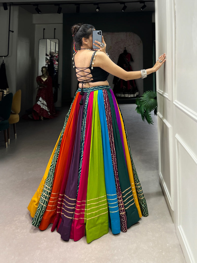 Womenline Multi Color Pure Rayon Navratri Lehenga With Black Choli