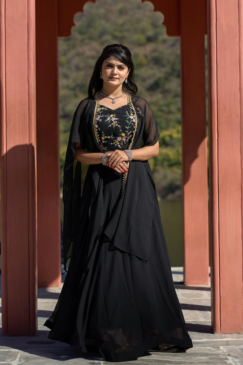 Womenline Black Color Georgette Lehenga Choli