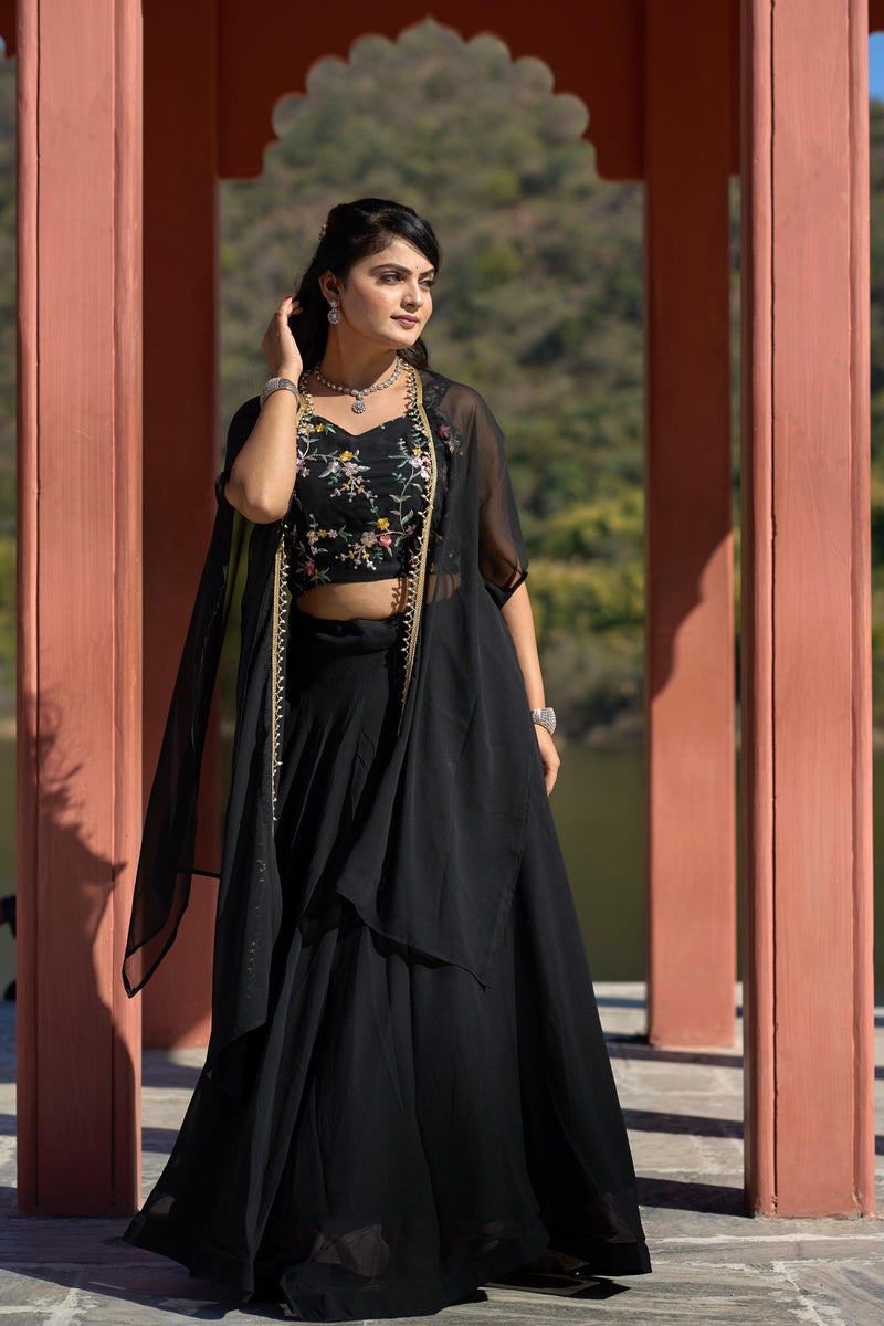 Womenline Black Color Georgette Lehenga Choli