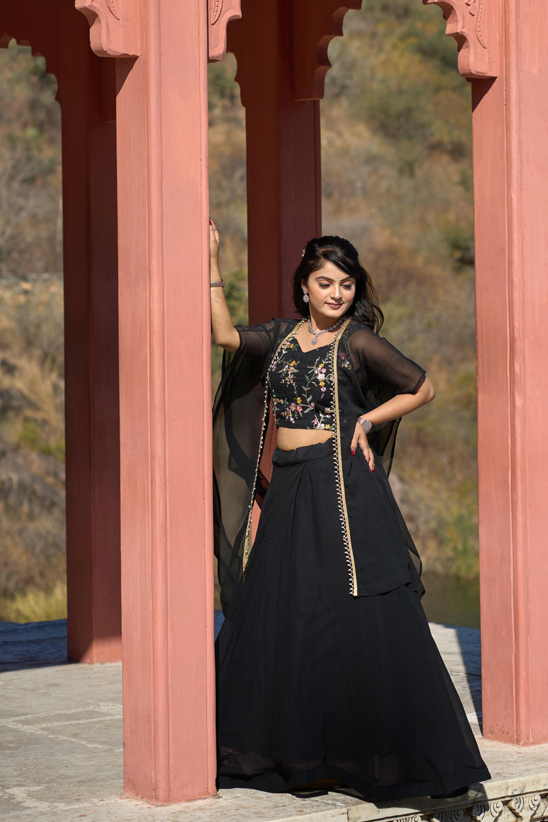 Womenline Black Color Georgette Lehenga Choli