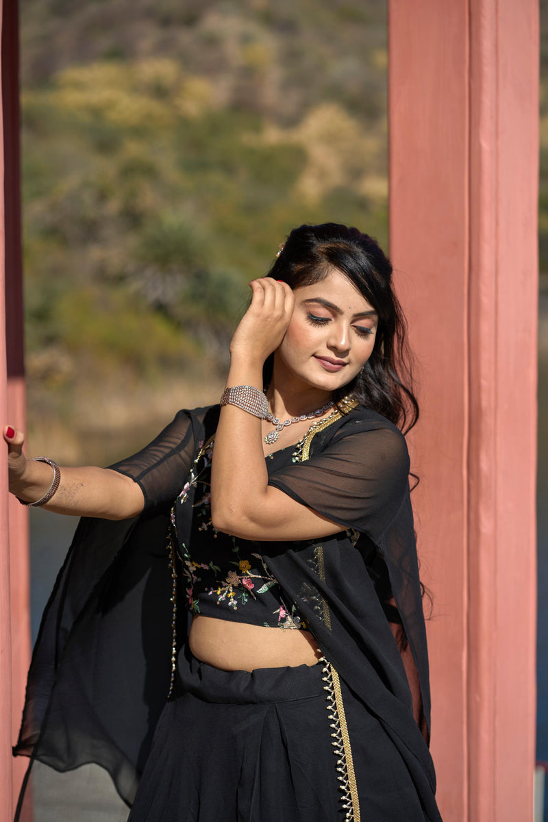 Womenline Black Color Georgette Lehenga Choli