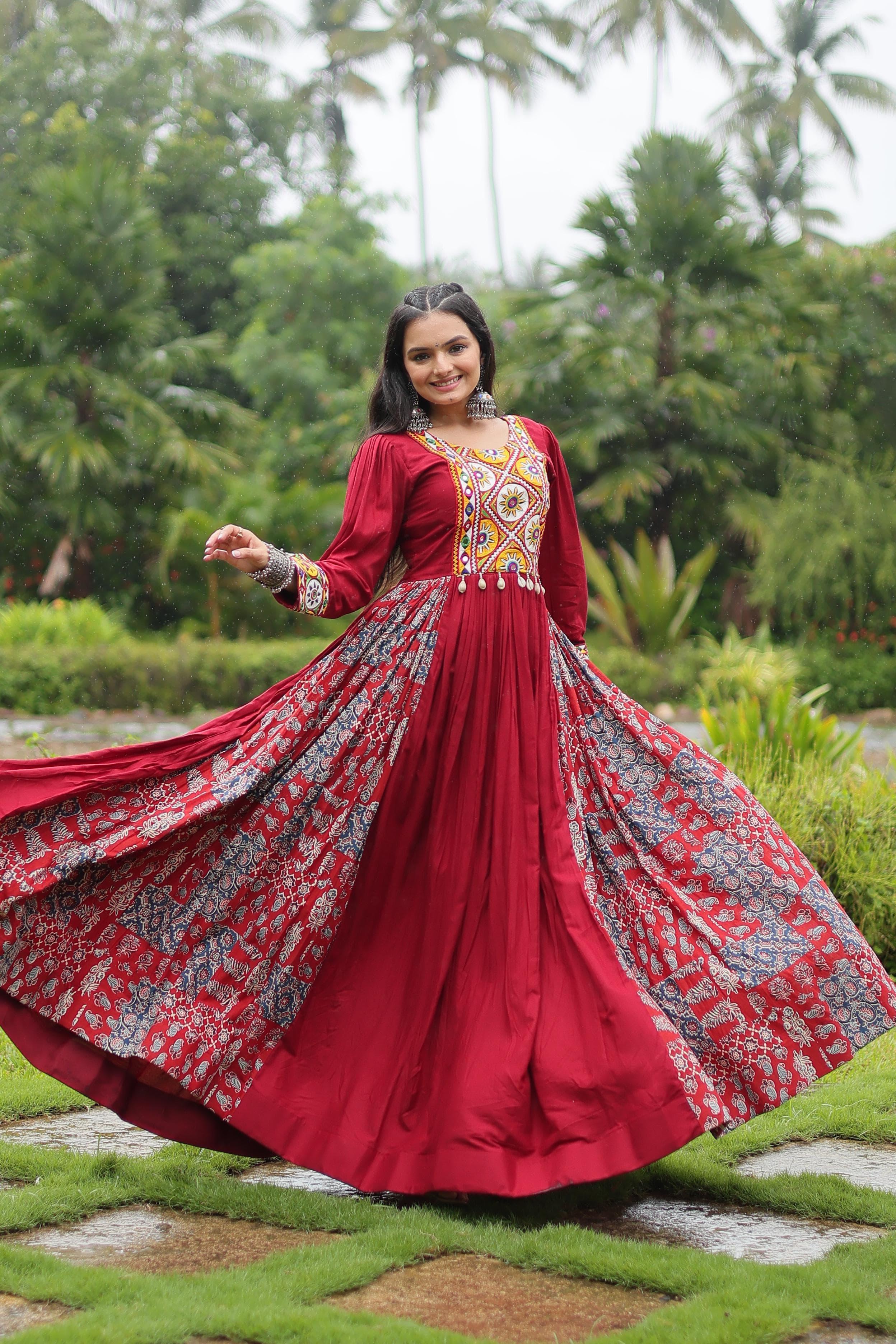 Womenline Maroon Color Rayon Gamthi Work Navratri Gown