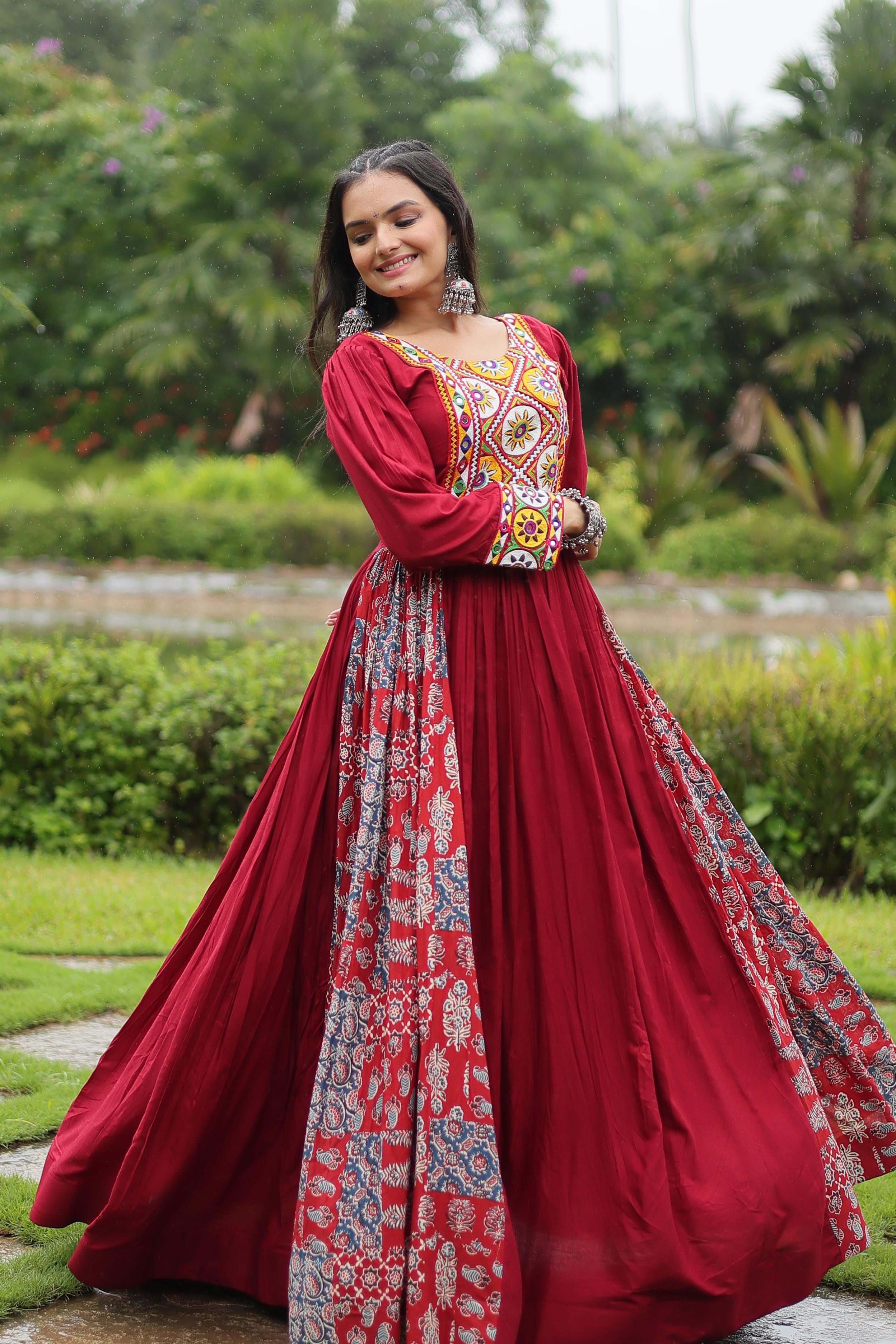 Womenline Maroon Color Rayon Gamthi Work Navratri Gown