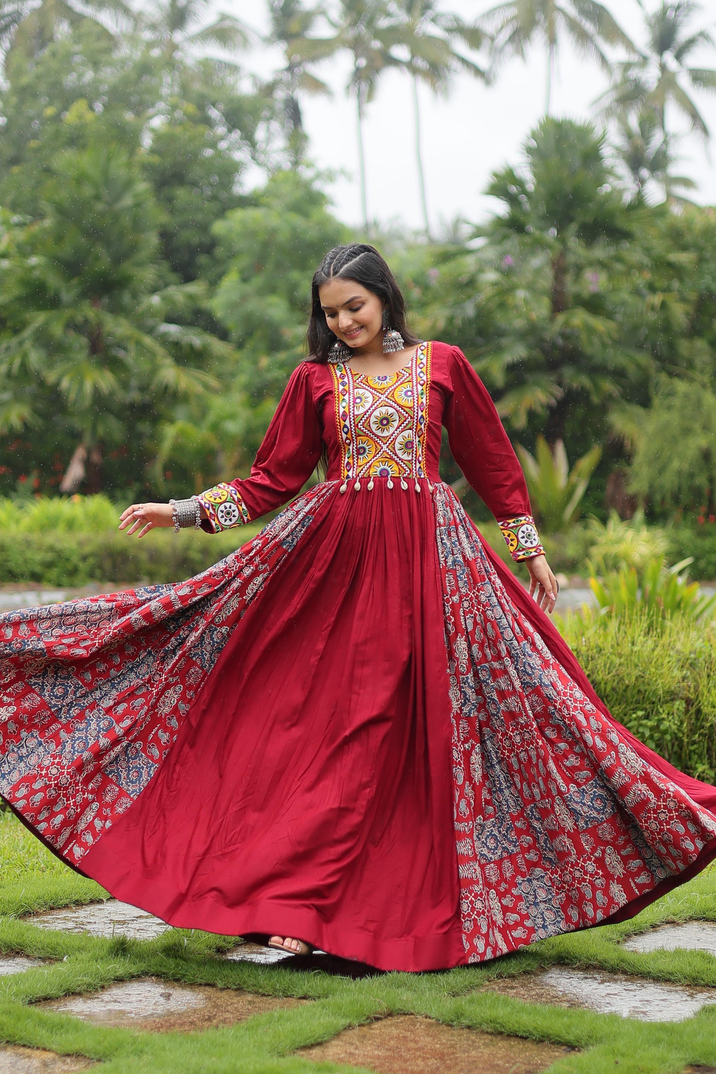 Womenline Maroon Color Rayon Gamthi Work Navratri Gown