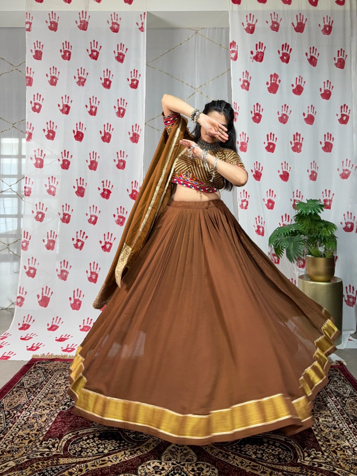 Womenline Brown Color Pure Chanderi Navratri Lehenga Choli
