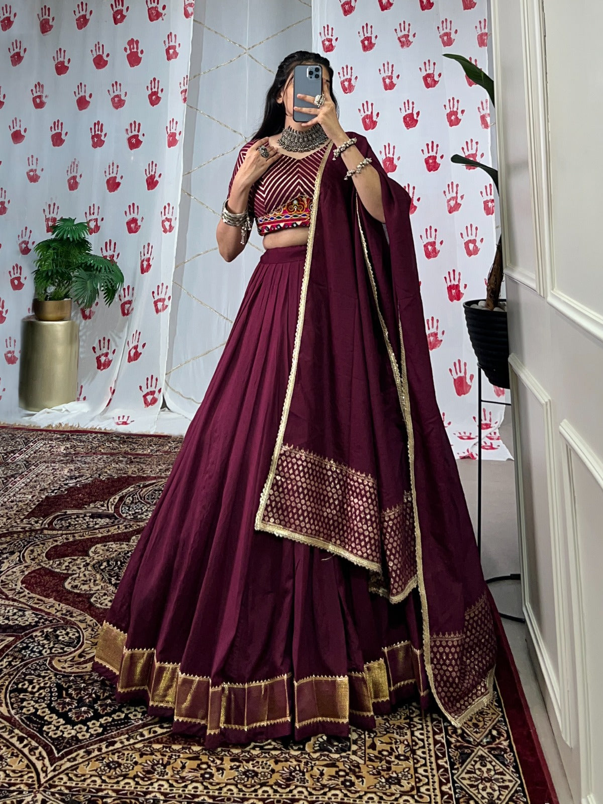 Womenline Wine Color Pure Chanderi Navratri Lehenga Choli