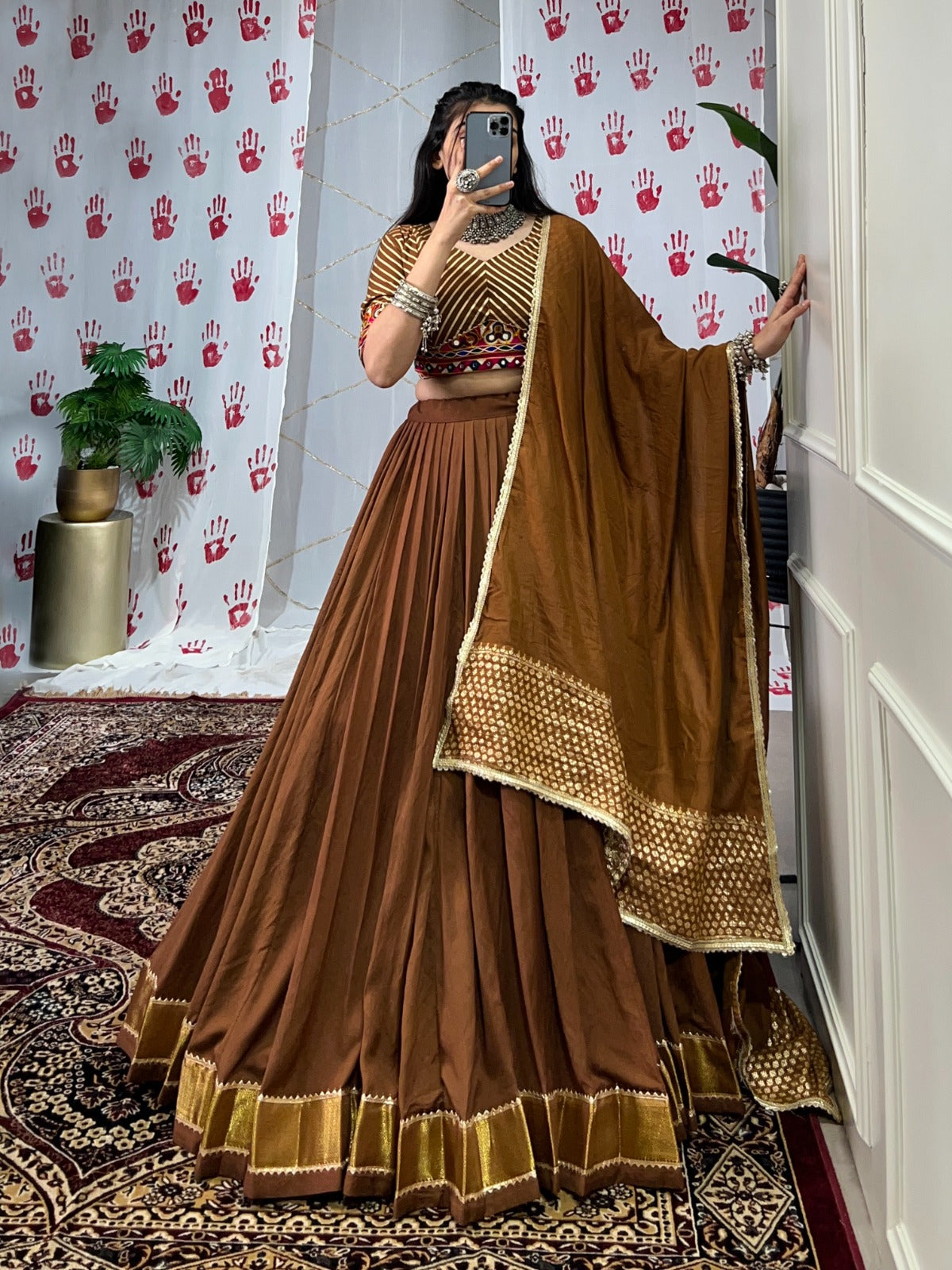 Womenline Brown Color Pure Chanderi Navratri Lehenga Choli