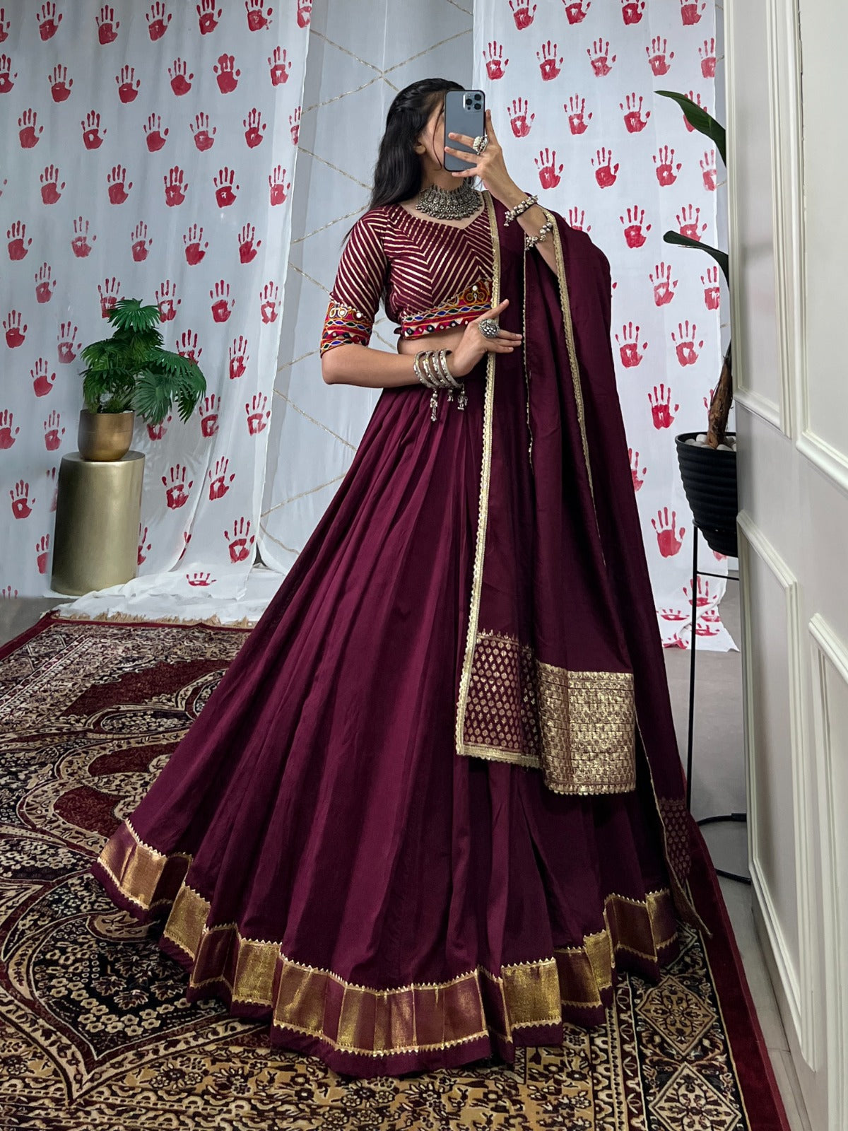 Womenline Wine Color Pure Chanderi Navratri Lehenga Choli