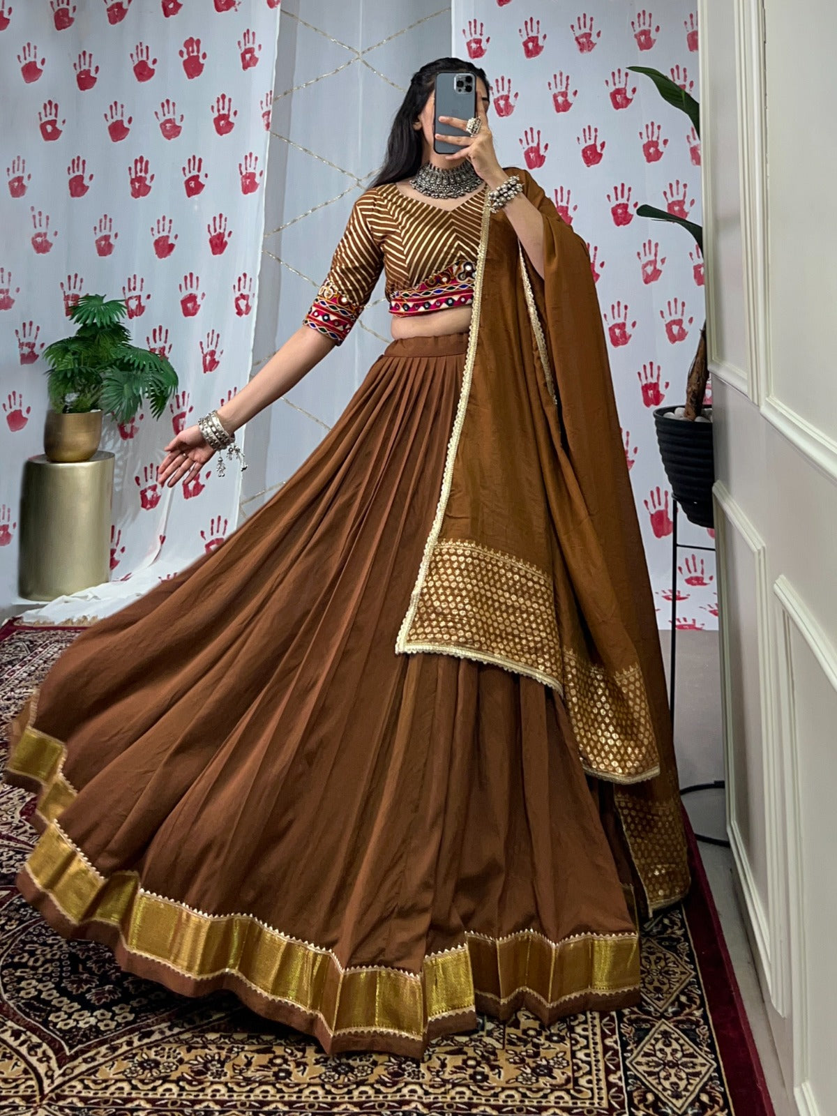 Womenline Brown Color Pure Chanderi Navratri Lehenga Choli
